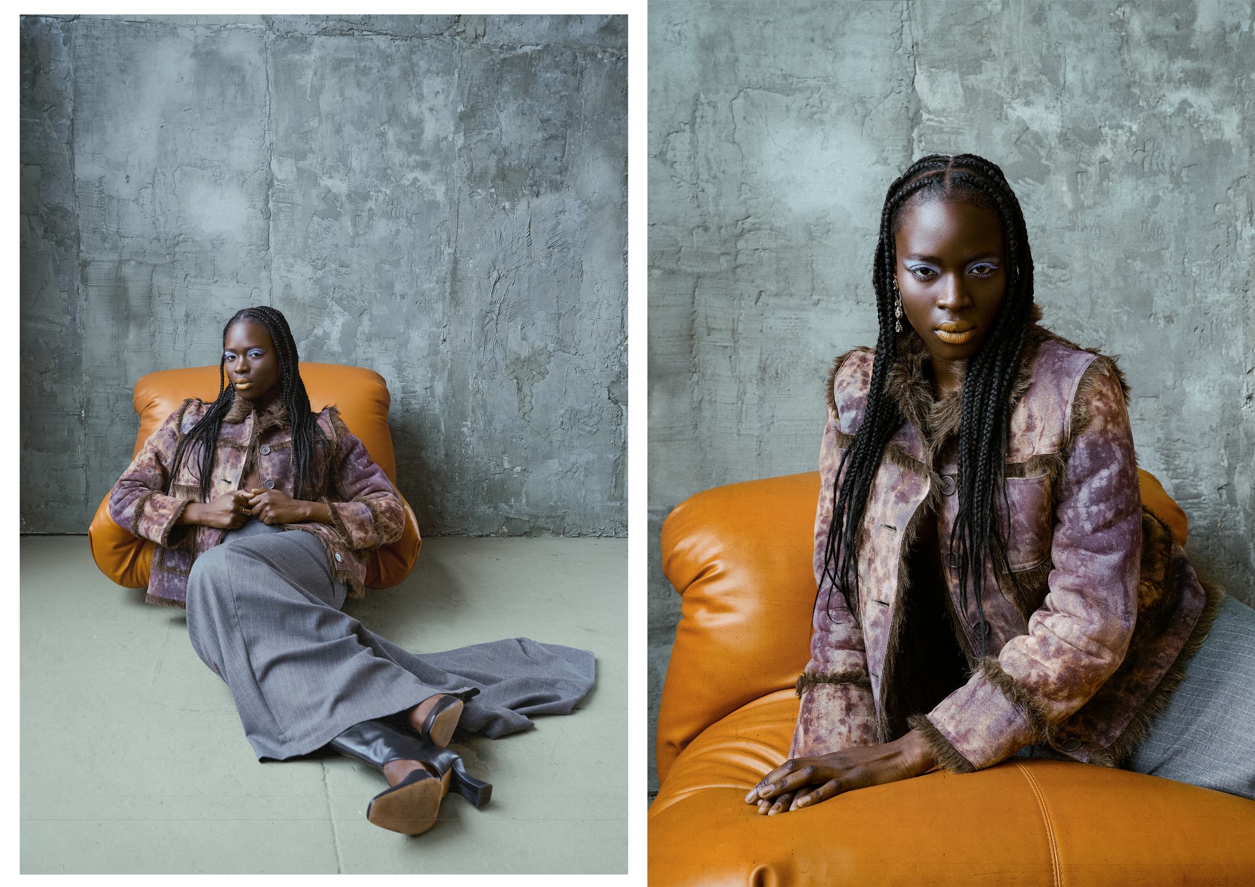Stylish woman in a fur coat on an orange chair, gray textured background.