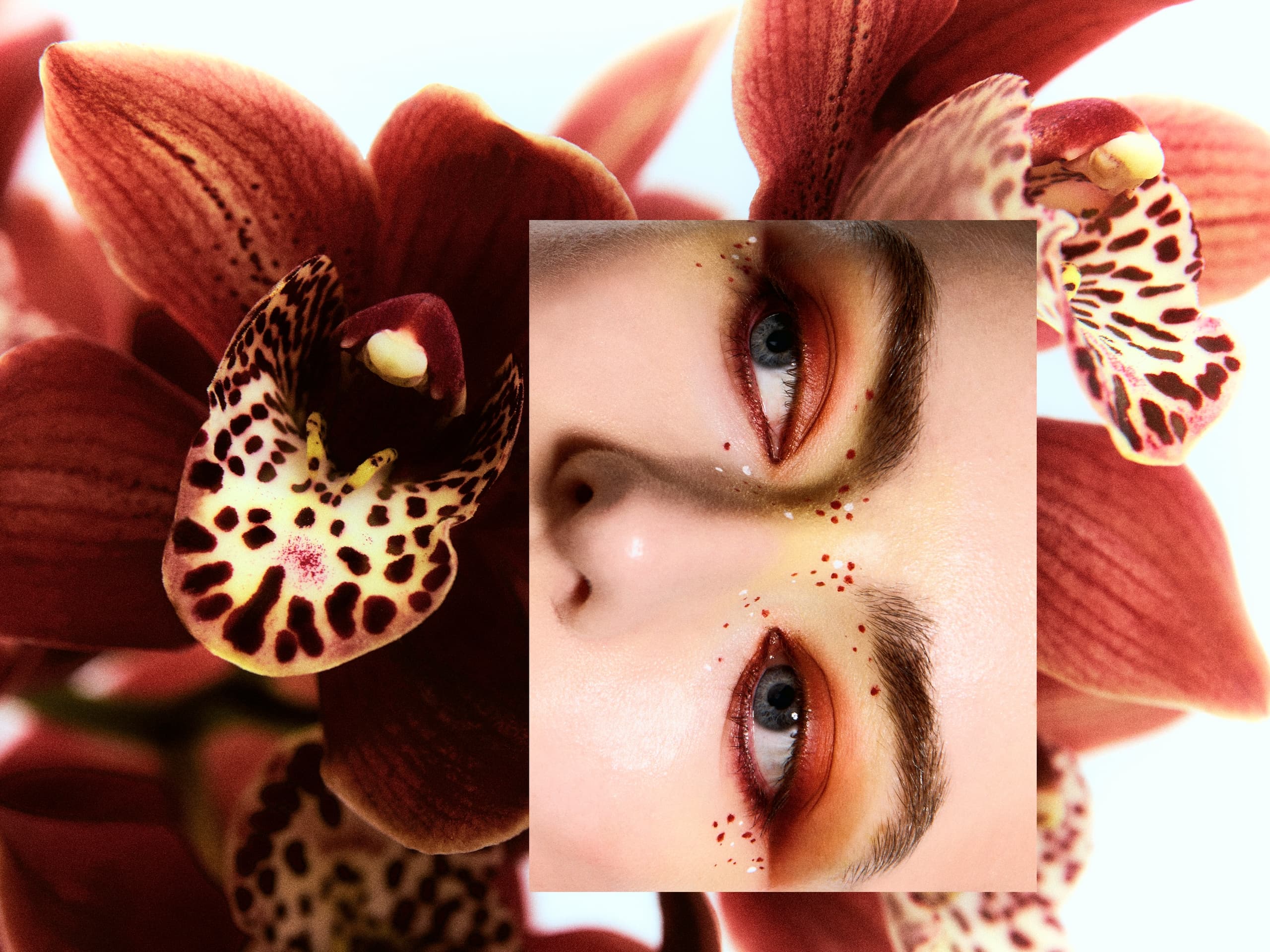 Vibrant eye makeup with red floral background enhances a bold beauty look.