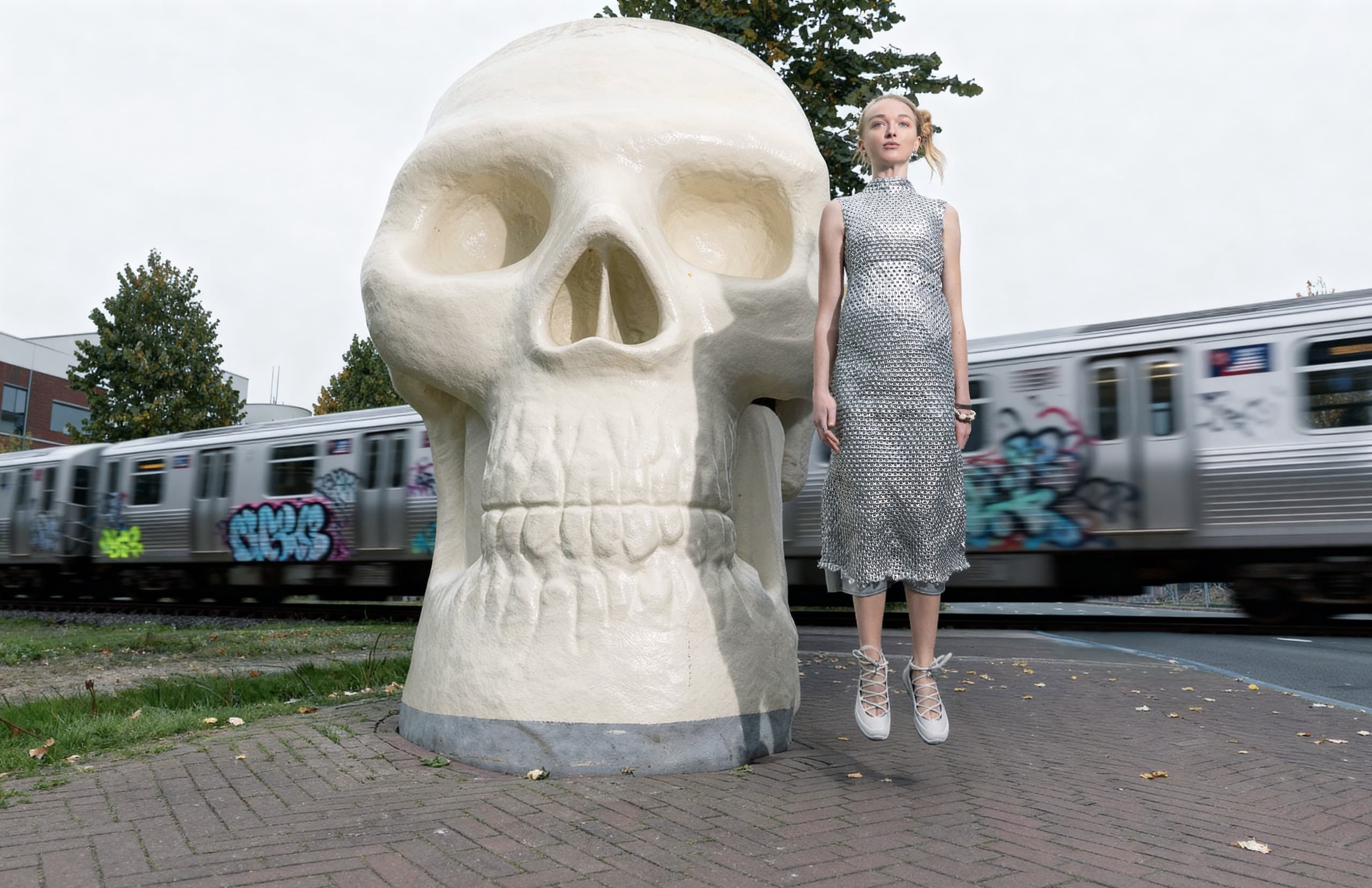 Woman in silver dress levitating by a large skull sculpture and passing train.
