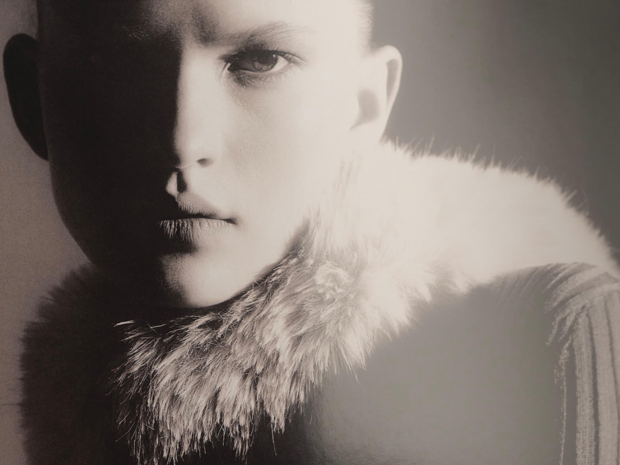 Dramatic black and white portrait with fur collar highlighting intense gaze and shadows.
