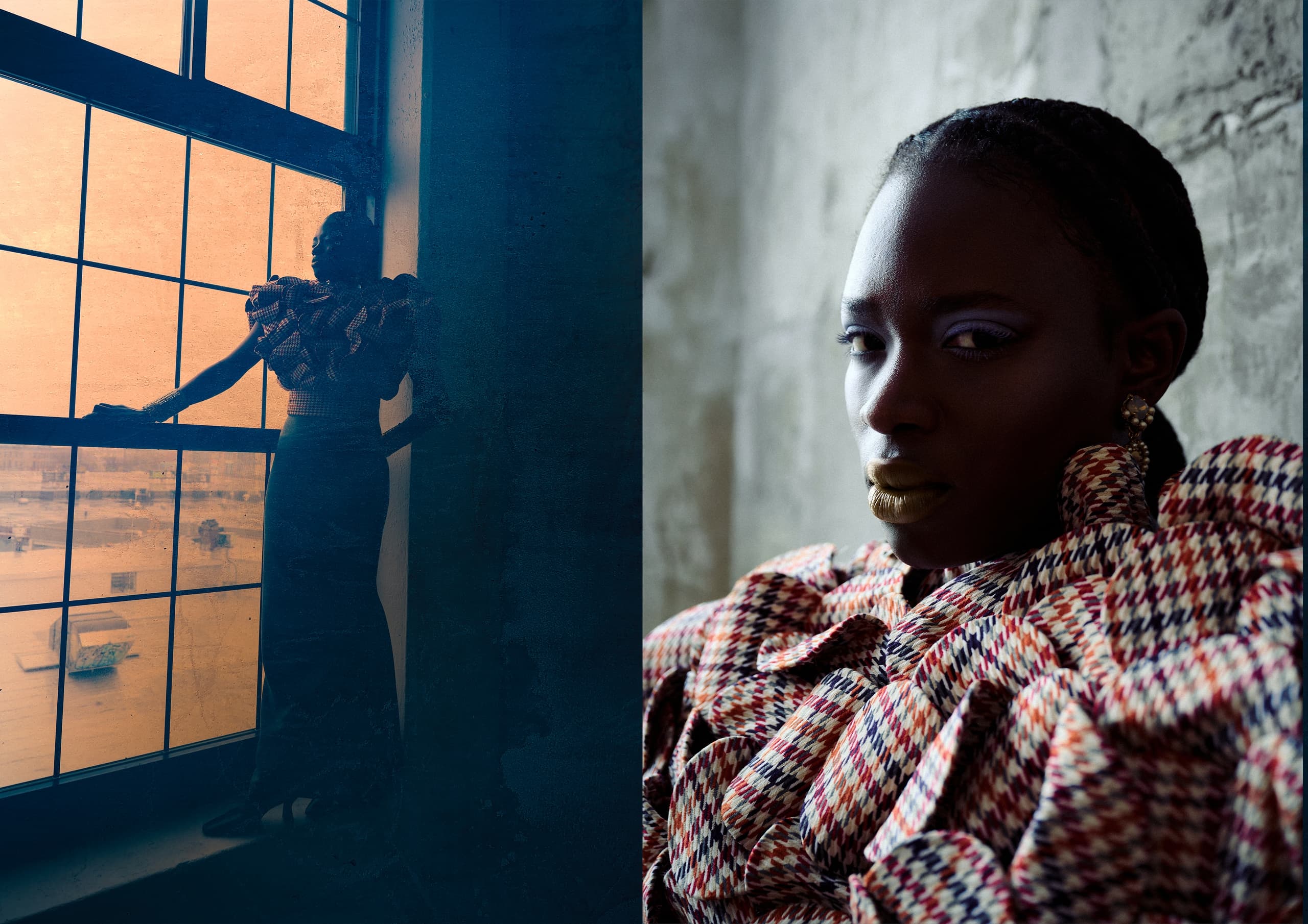 Fashion portrait: woman in textured outfit by window and close-up indoors.