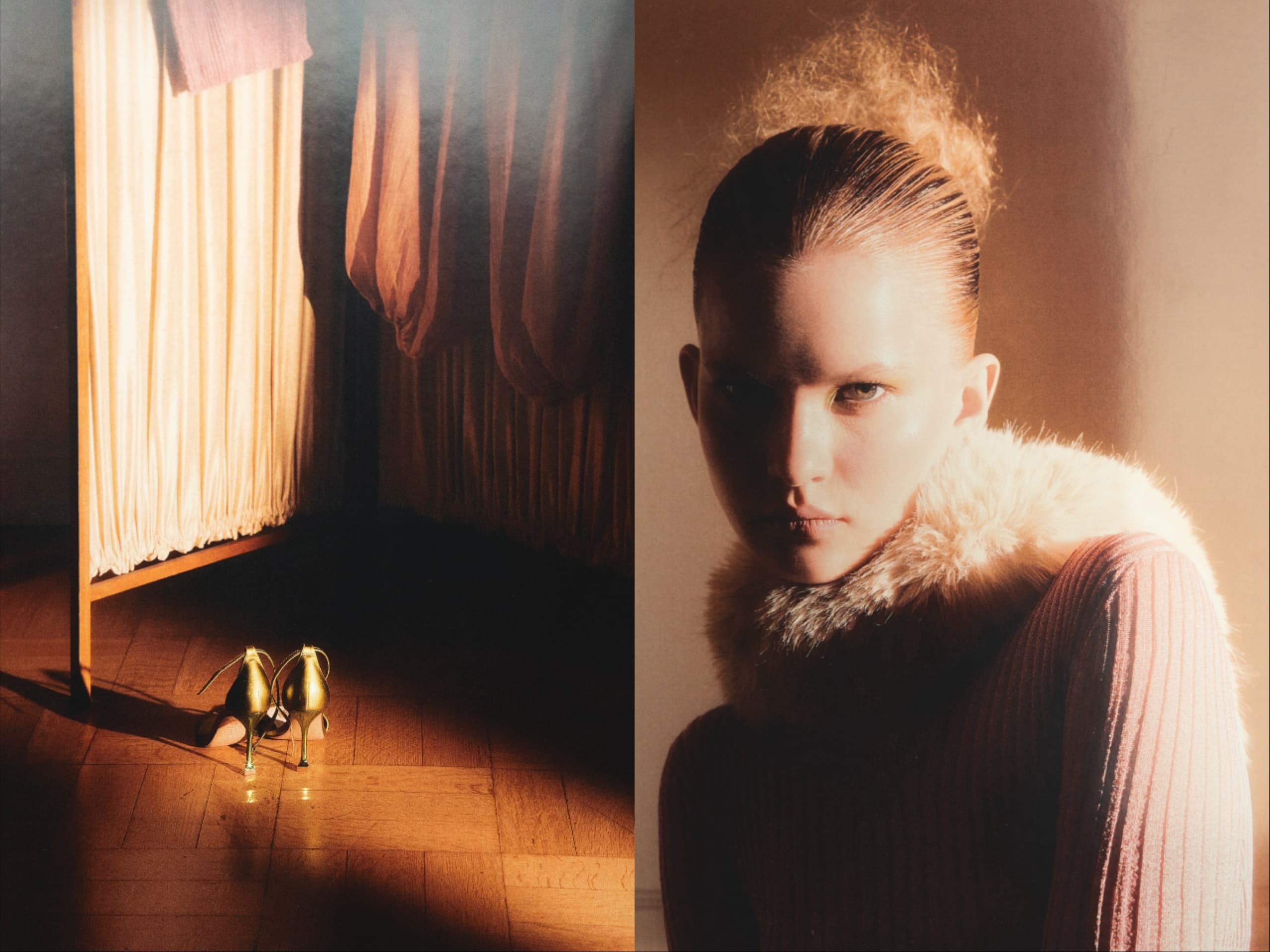 Fashionable woman in fur collar with golden heels near elegant curtains.