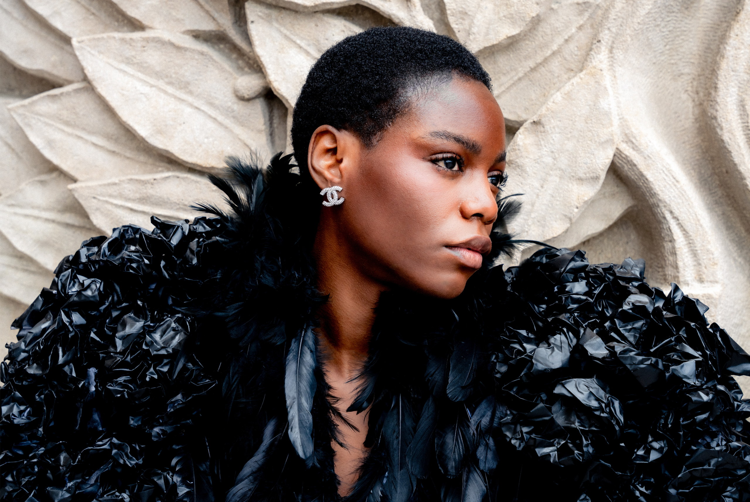 Woman in black feather outfit with elegant earrings, against artistic background.