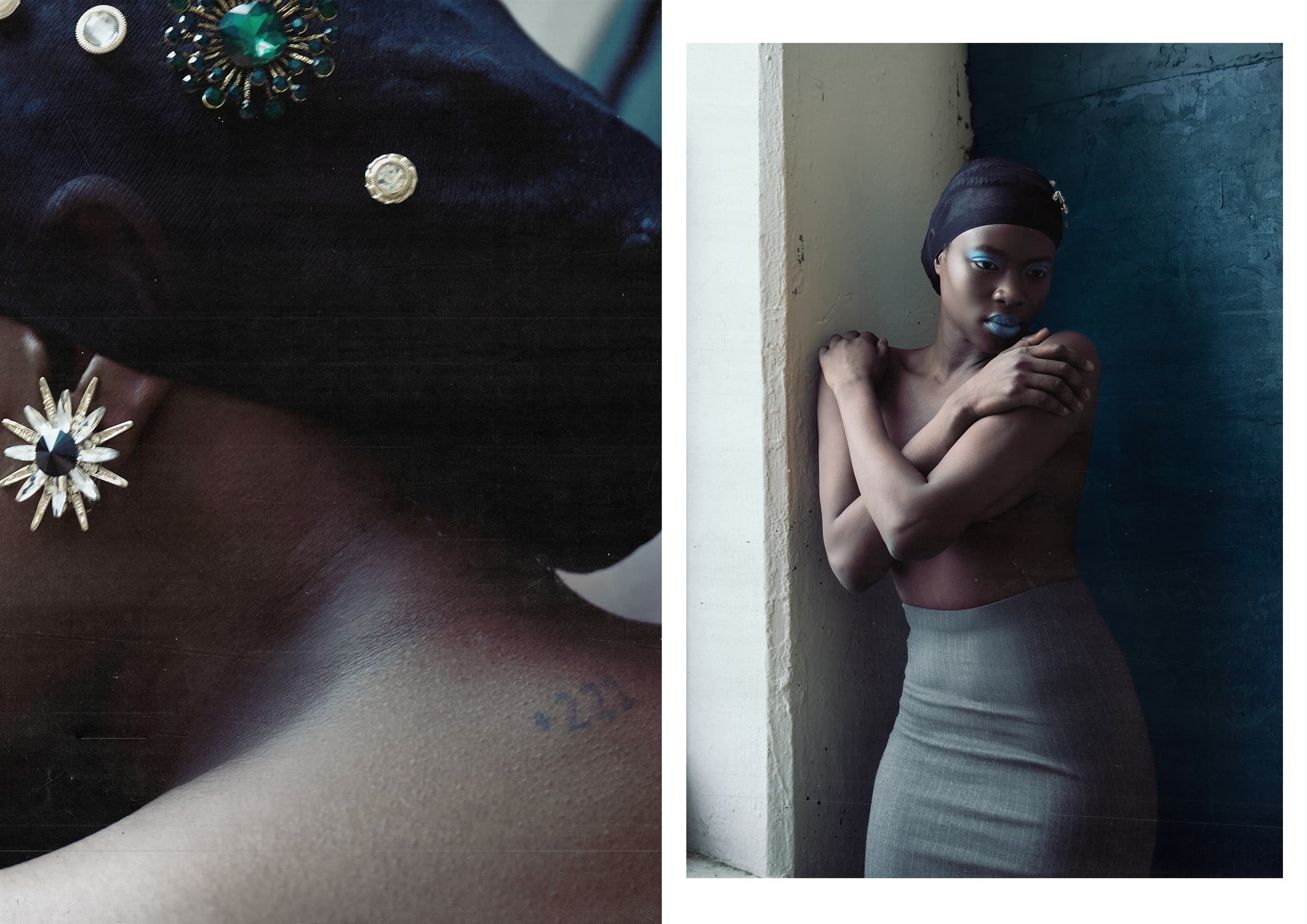Stylish portrait with elegant earrings and dark blue lipstick.