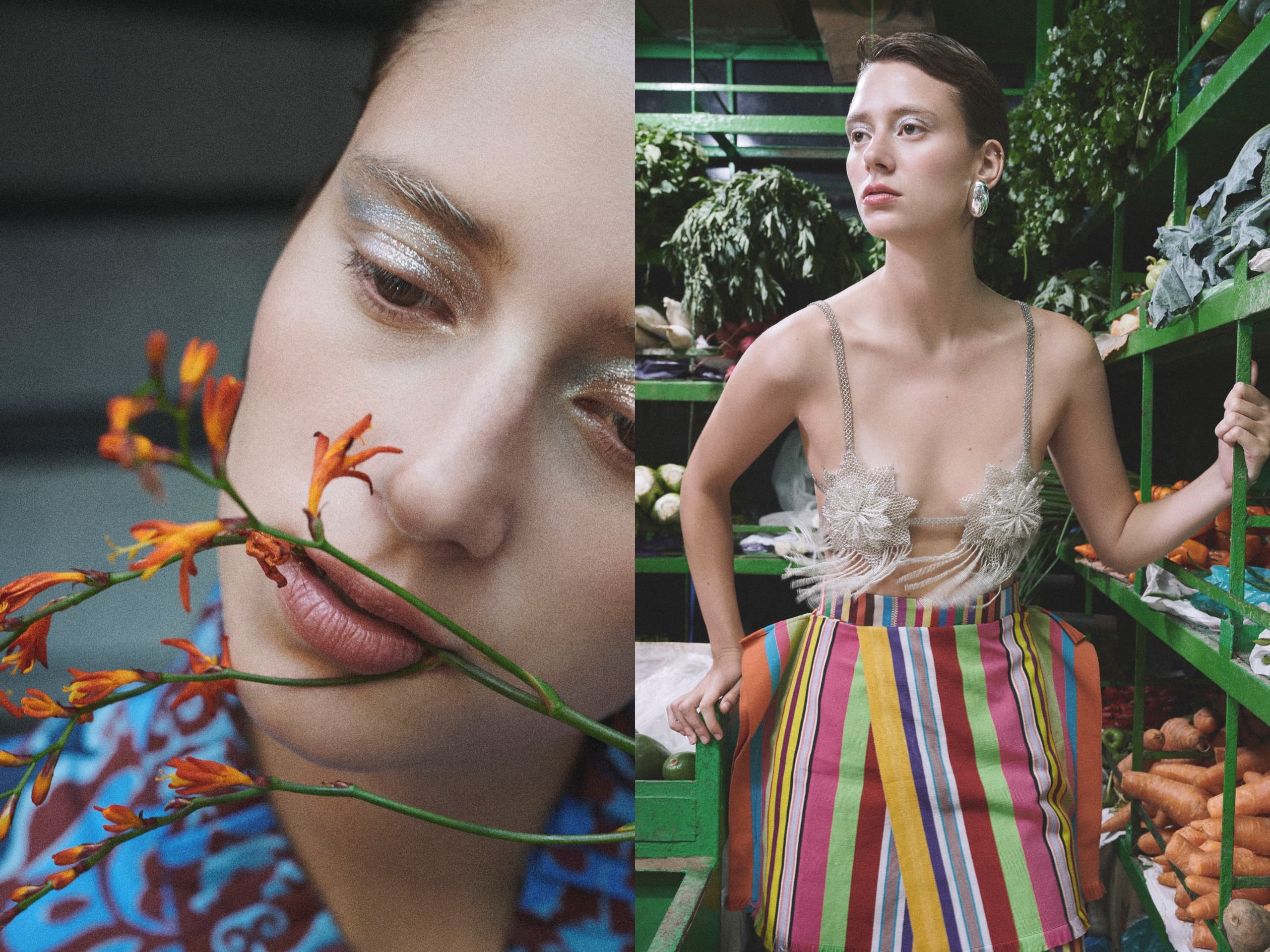 Fashion-forward woman with vibrant style and nature-inspired floral theme.