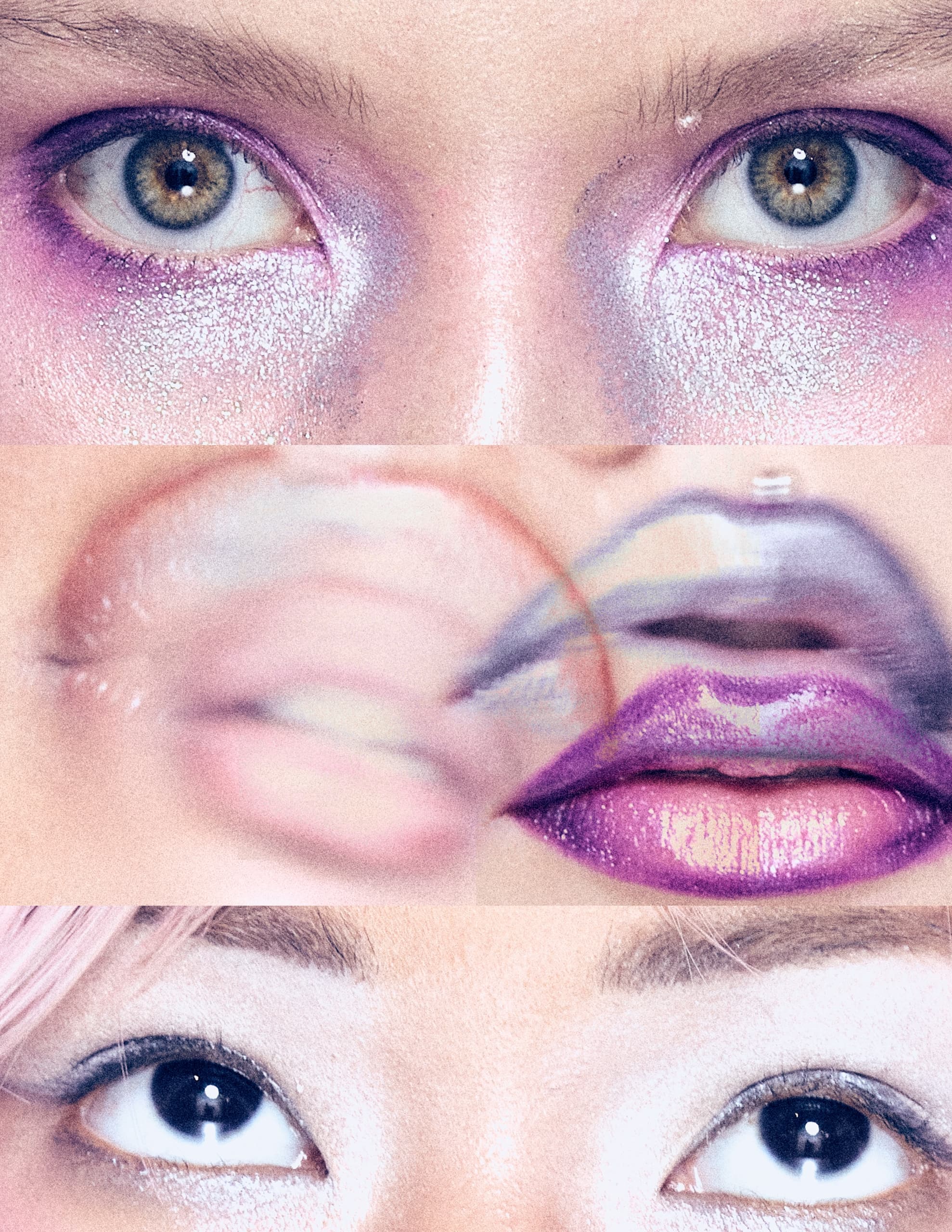 Close-up collage of colorful eye and lip makeup with artistic flair.