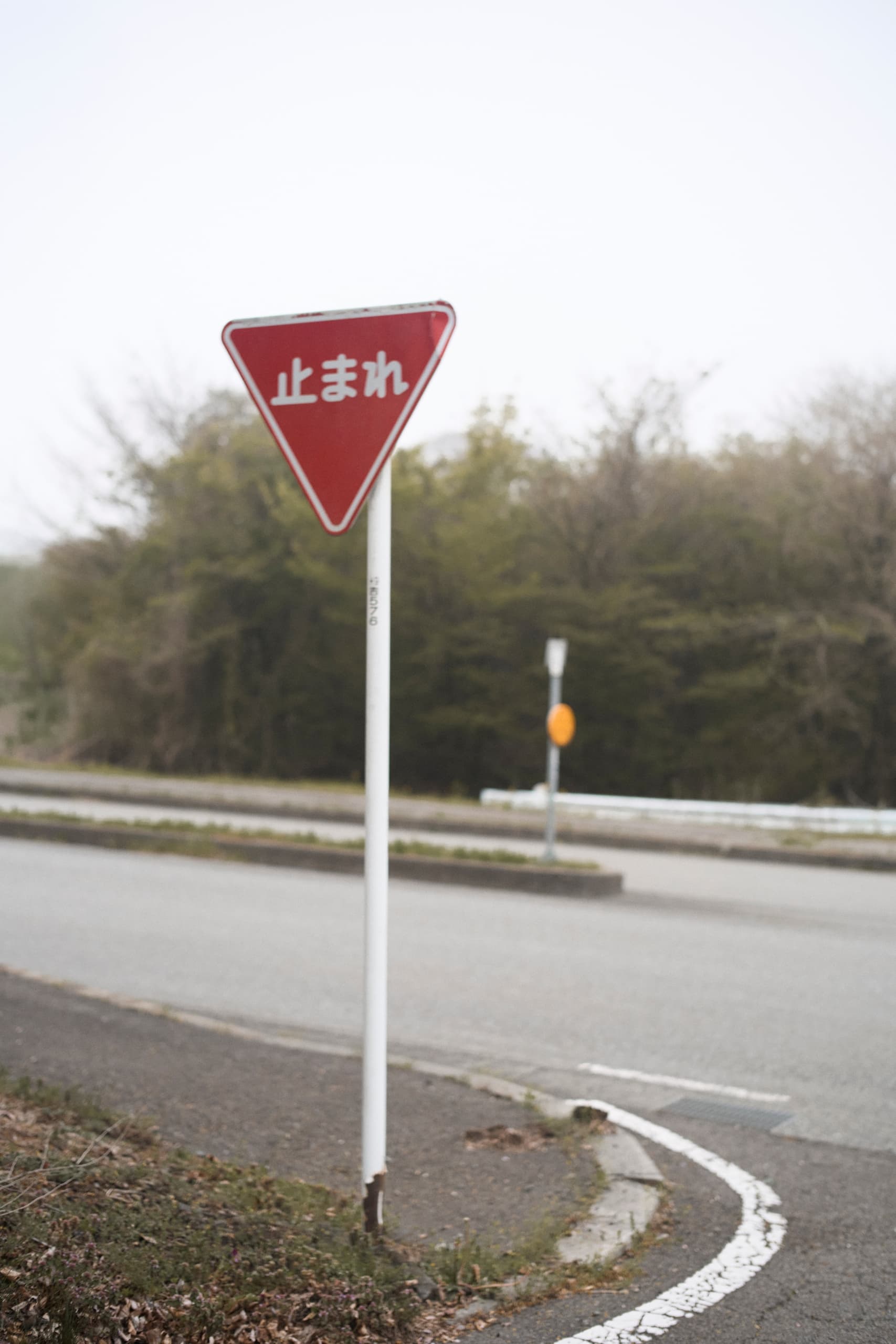 Japanese stop sign on a rural road, surrounded by trees and quiet setting.