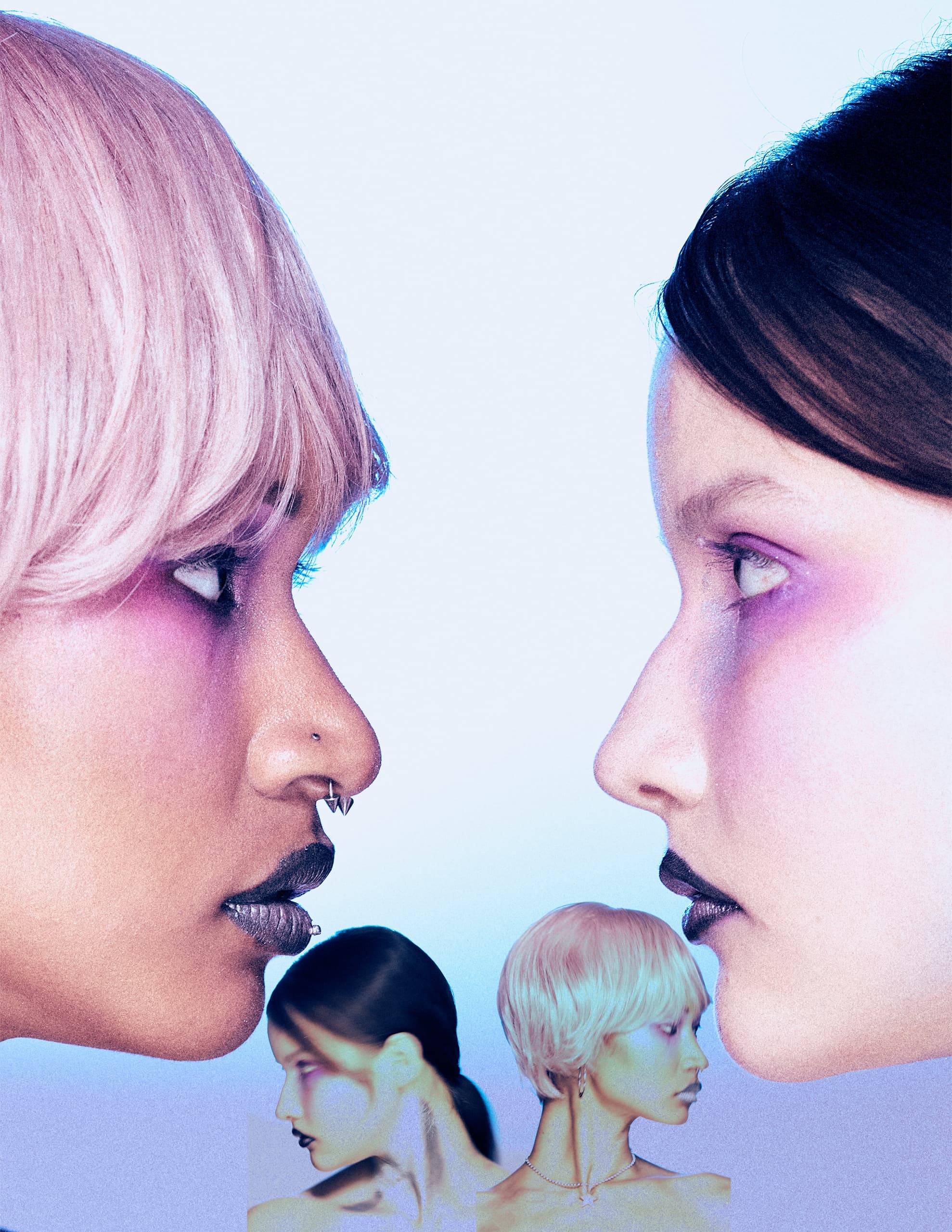 Two models with artistic makeup face each other in a bold, fashion-forward photoshoot.