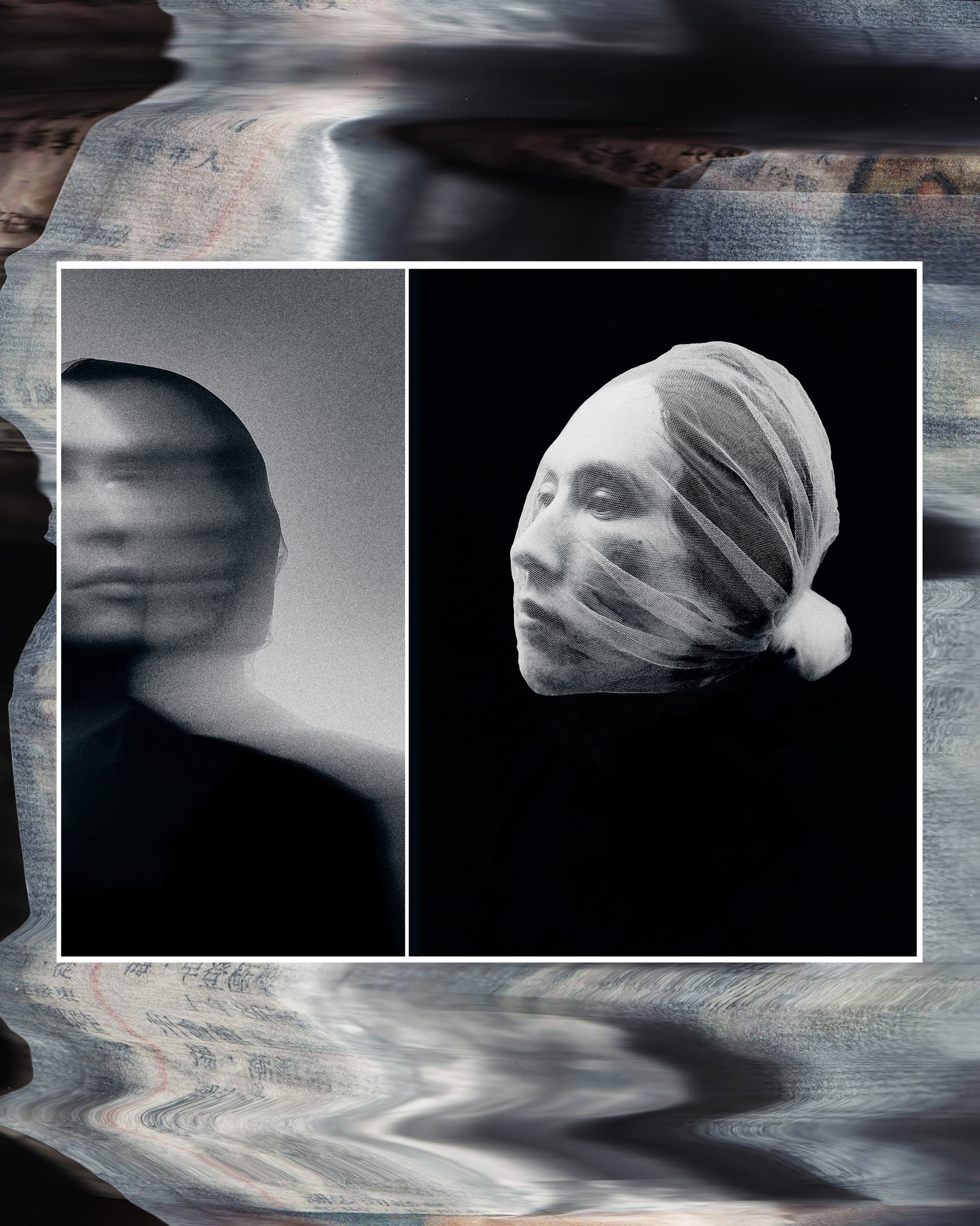Abstract dual portrait with blurred and wrapped faces on textured background.