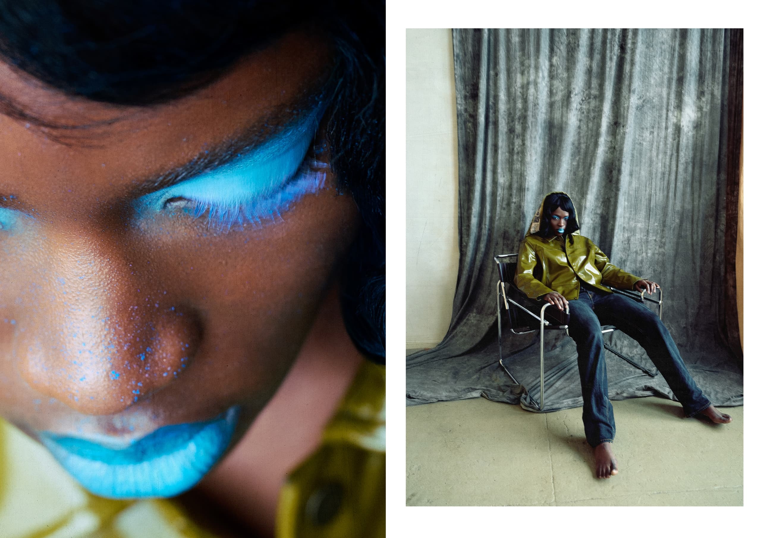 Close-up of vibrant blue makeup; model in green jacket seated against velvet backdrop.