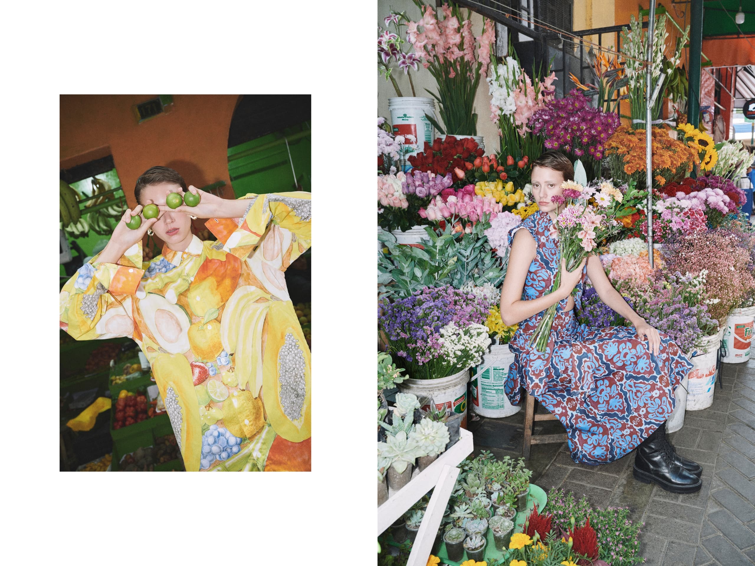 Colorful fashion in a vibrant fruit and flower market setting.