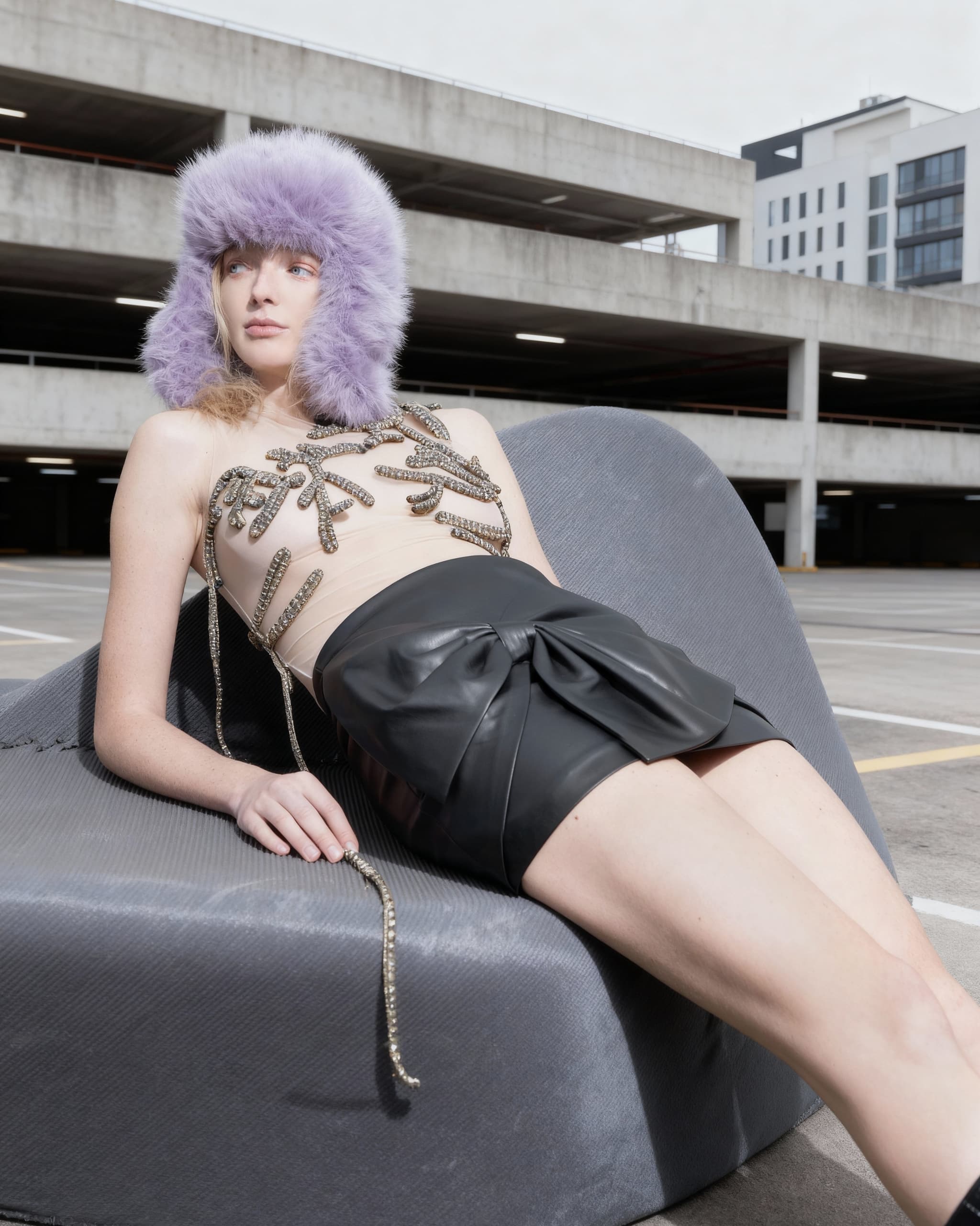 Fashion model in chic outfit and purple hat in urban setting.