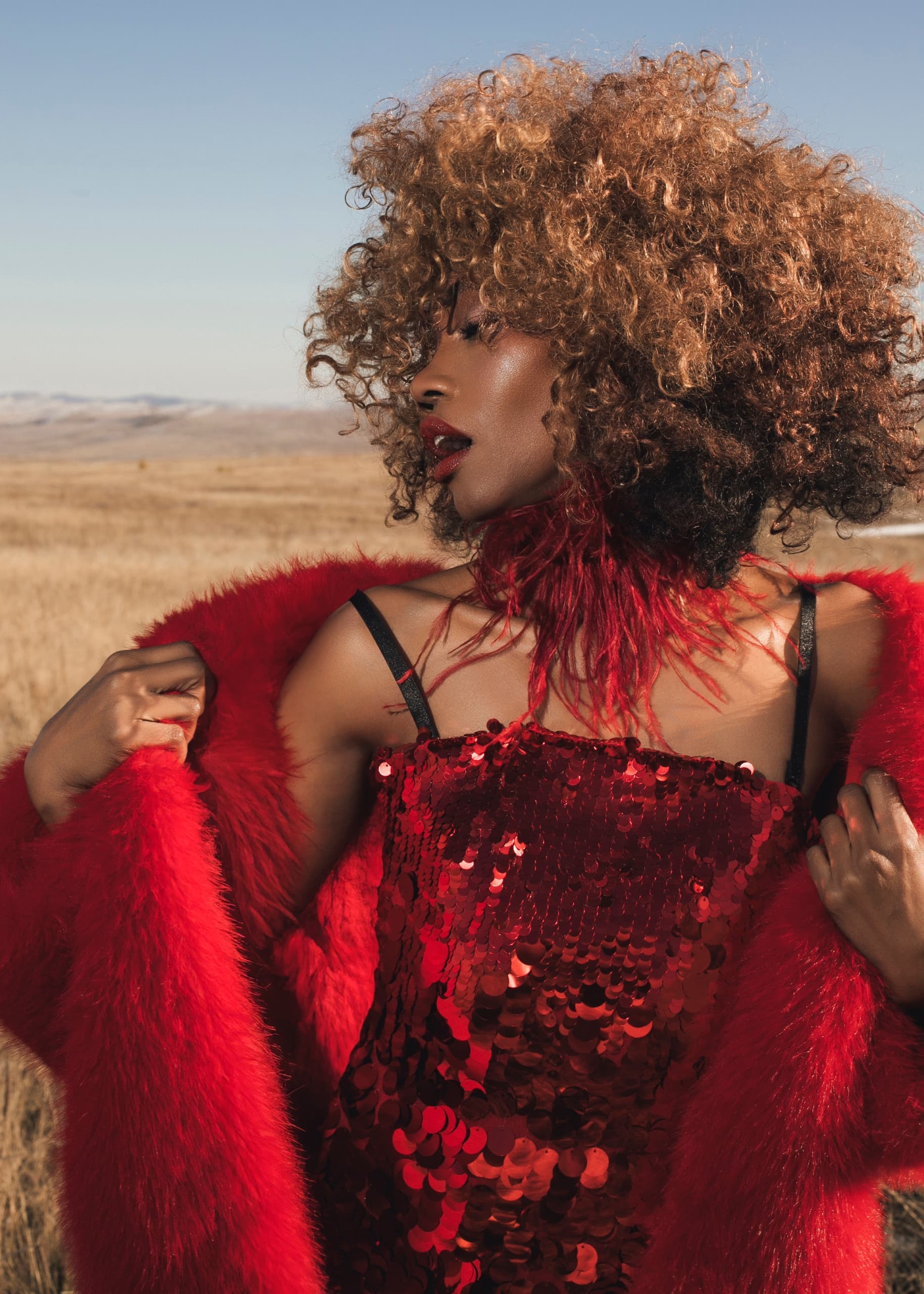Fashionable woman in red sequin dress and fur coat in a field.