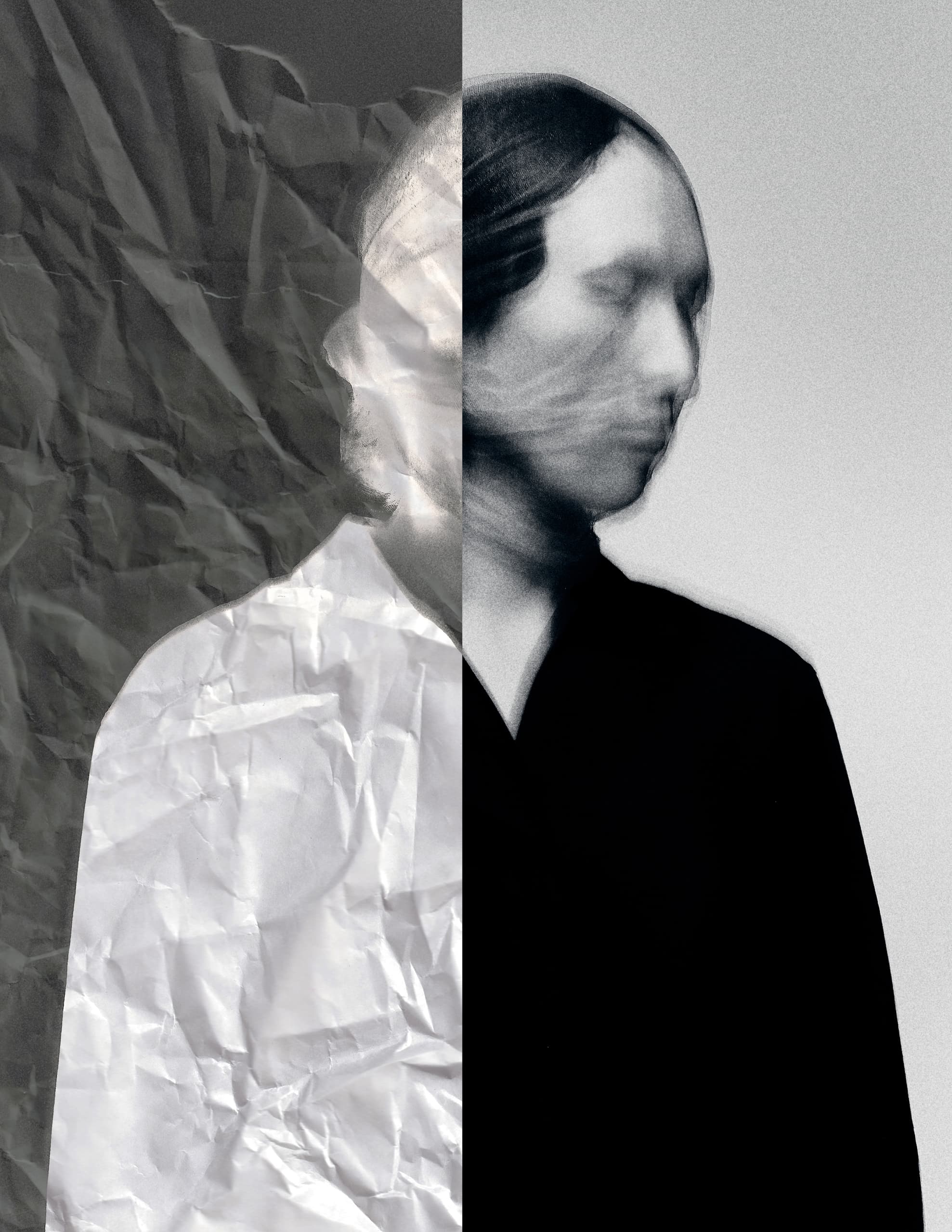 Abstract portrait with crumpled paper and blurred human figure in black and white.