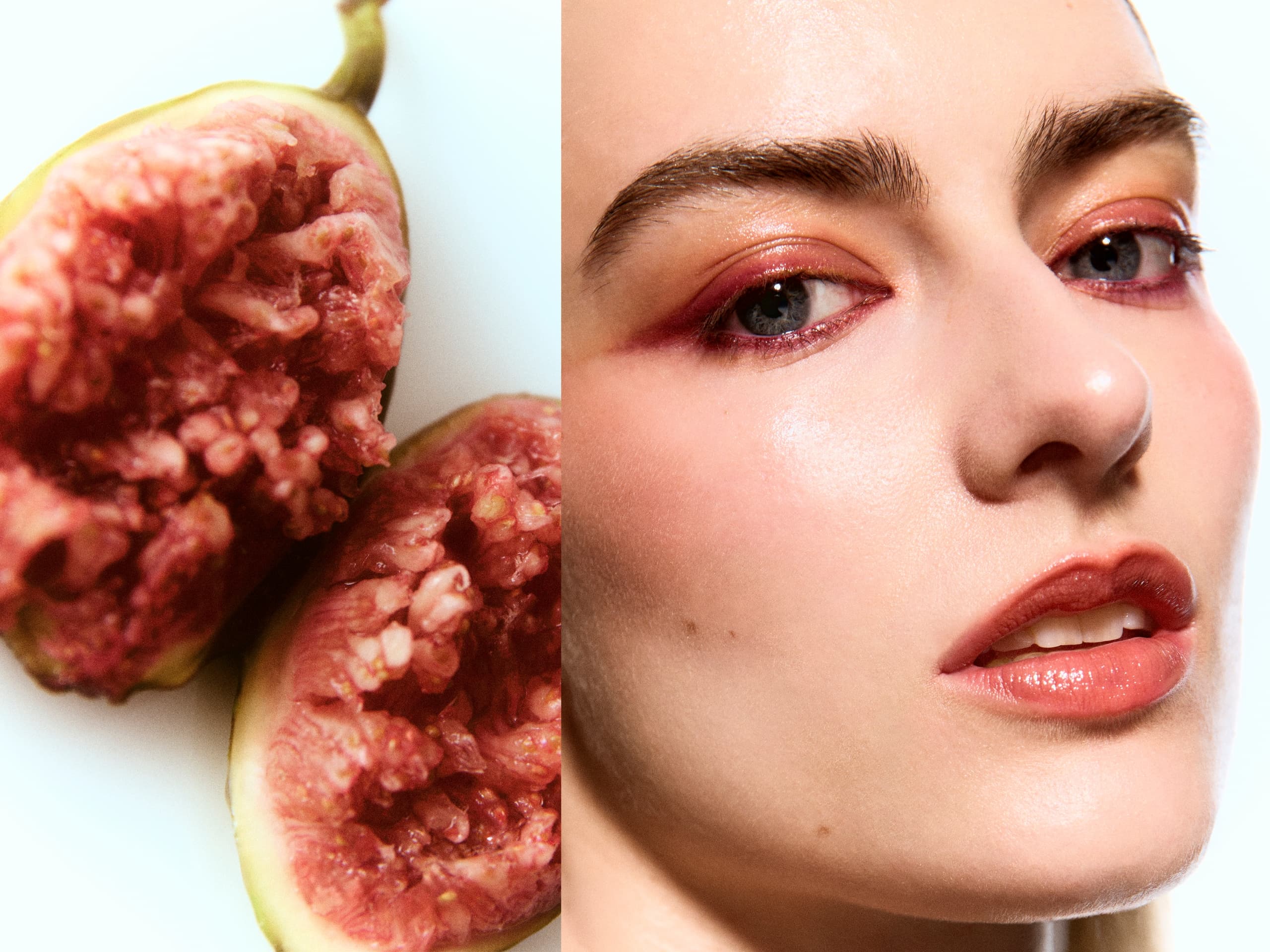 Close-up of a woman's face with pink makeup beside a halved fig on a white background.