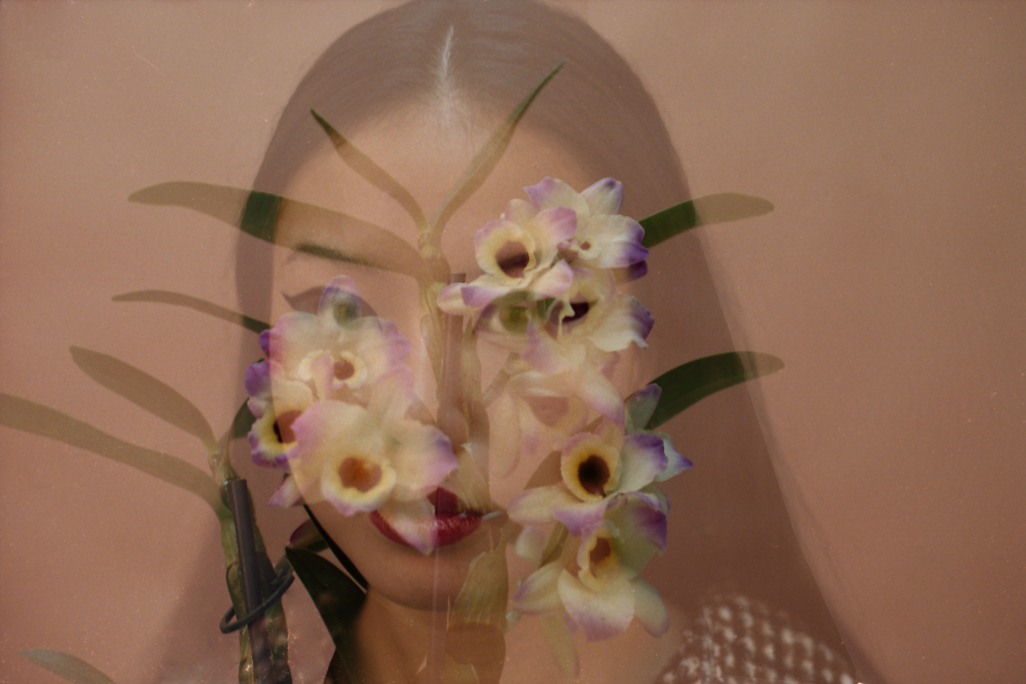 Double exposure of woman and orchids, blending nature and beauty seamlessly.