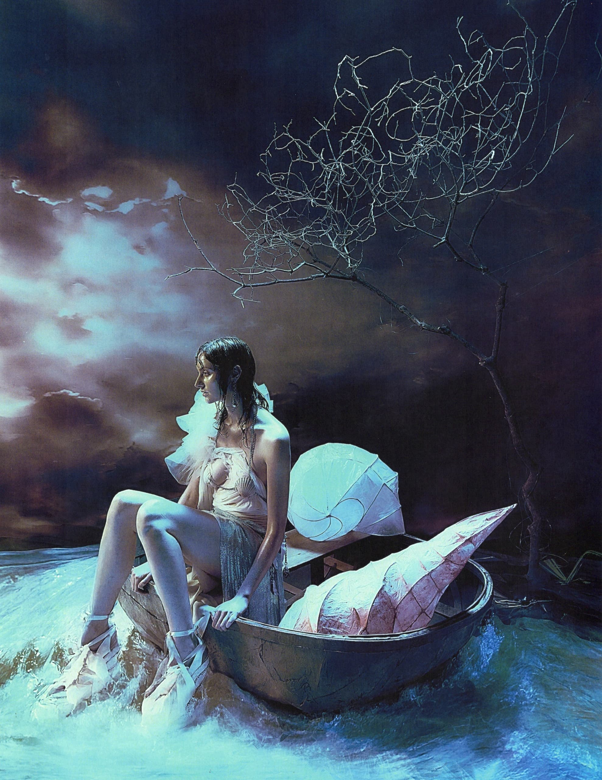 Woman in a boat with seashells under a dramatic night sky.
