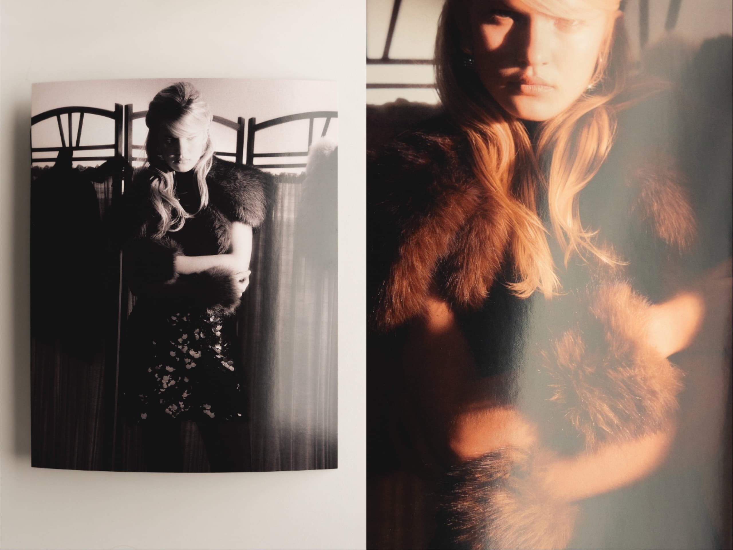 Fashion photo with fur details and blonde model in shadowed lighting.