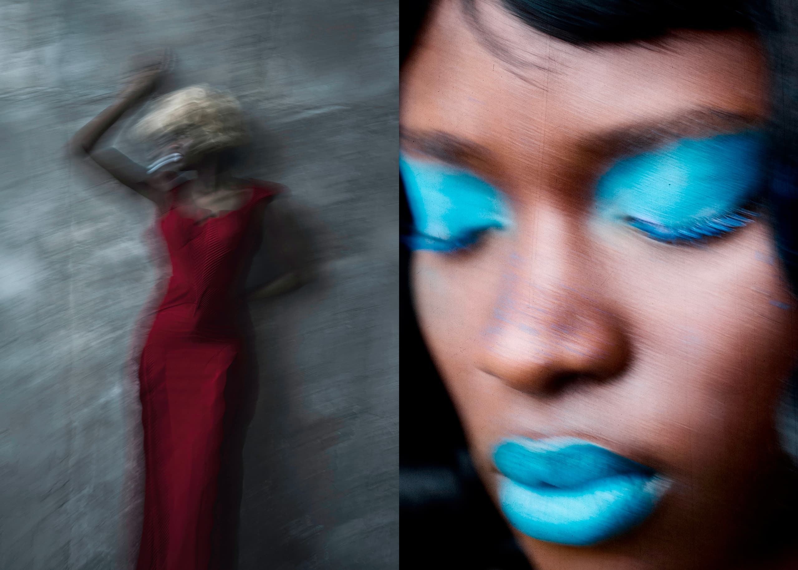 Abstract portrait with blurred motion, red dress, and vibrant blue makeup.