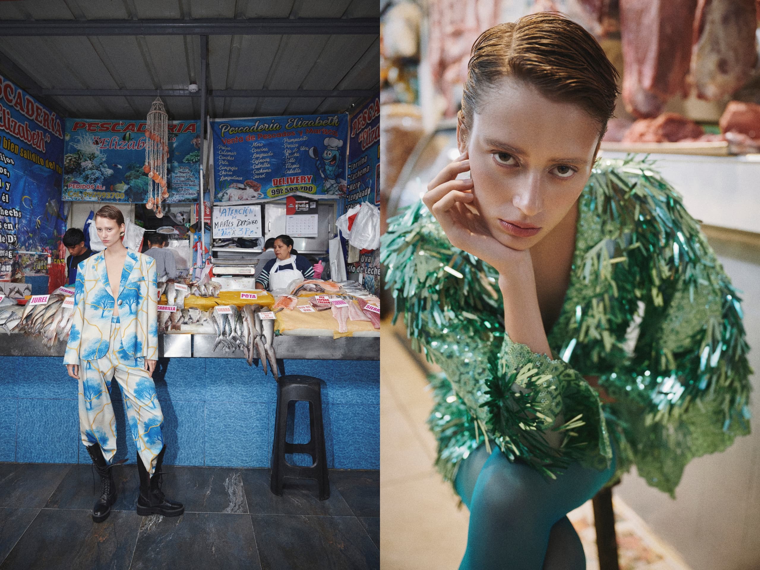 Fashionable model wearing unique outfits in a vibrant market setting.