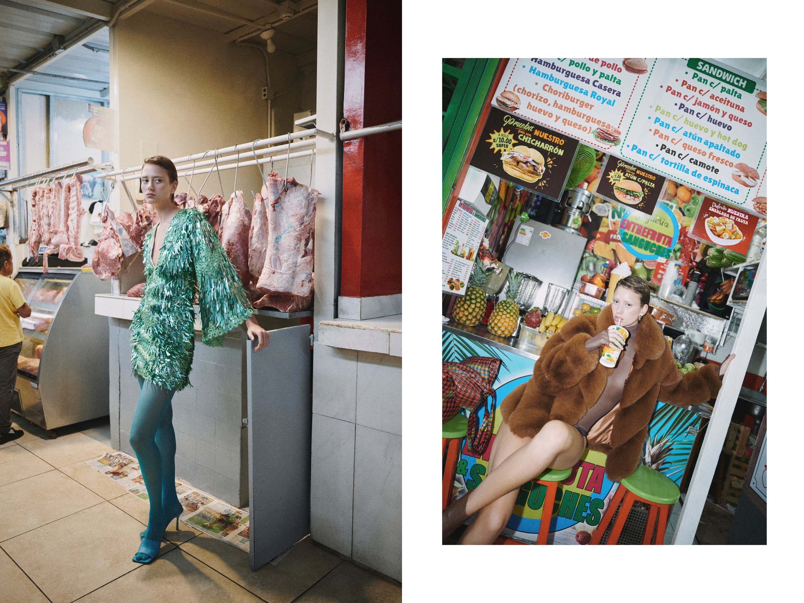Fashion shoot in vibrant market: model in green dress and brown fur coat.