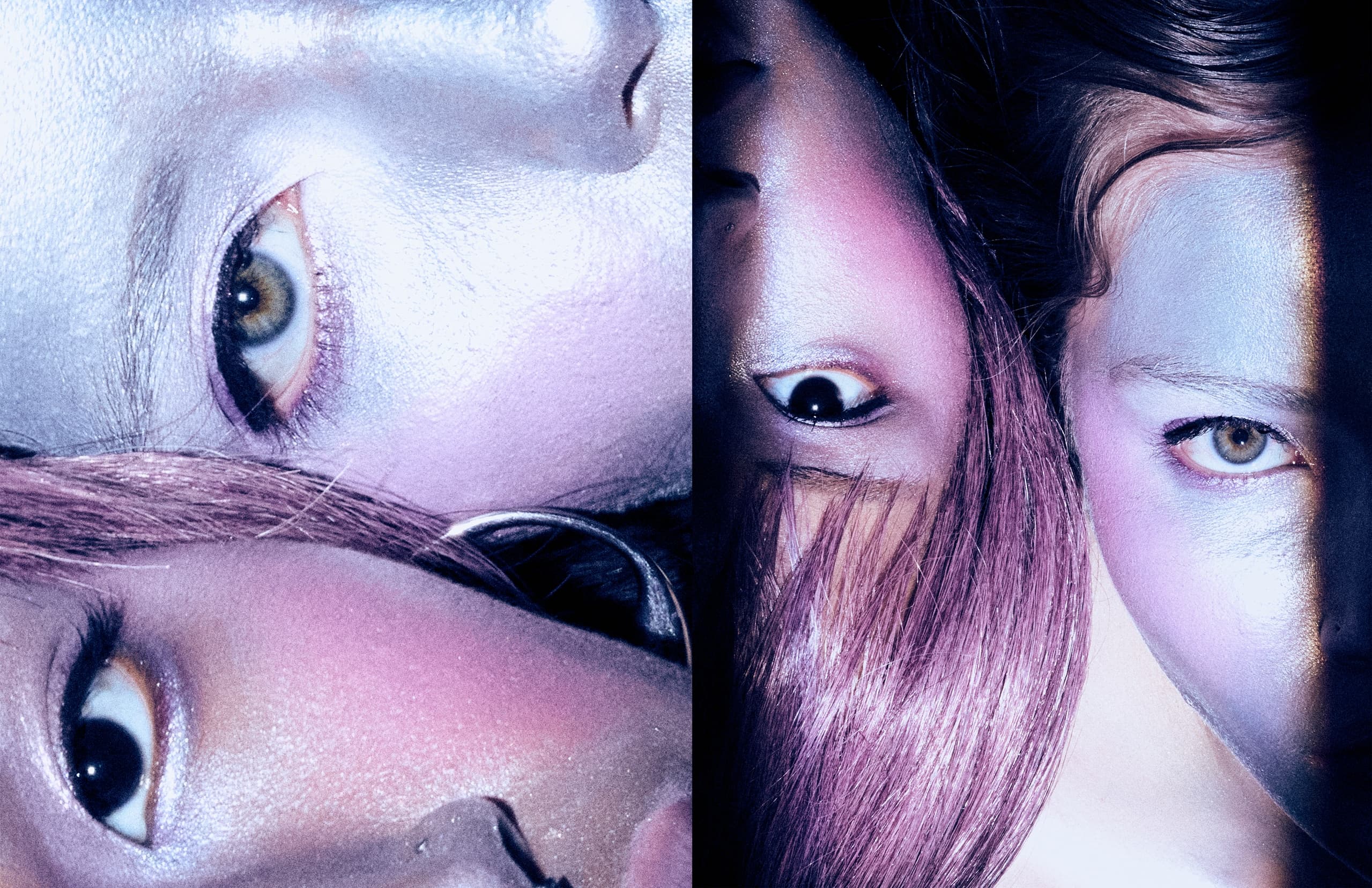 Close-up of creatively lit faces with vibrant, metallic makeup and purple hues.