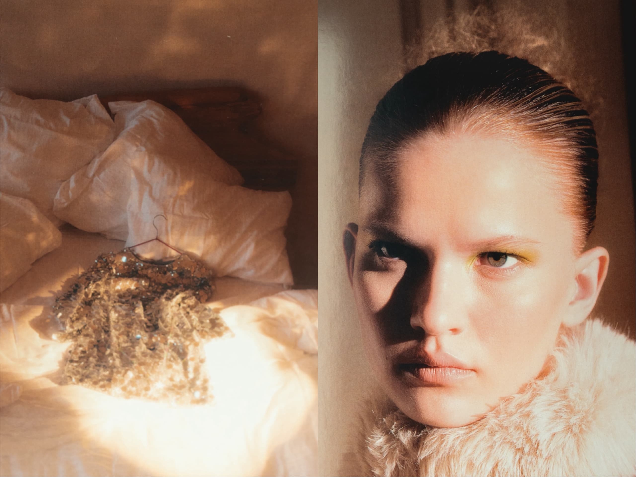 Glamorous sequined dress on bed and woman with bold gaze in soft light.