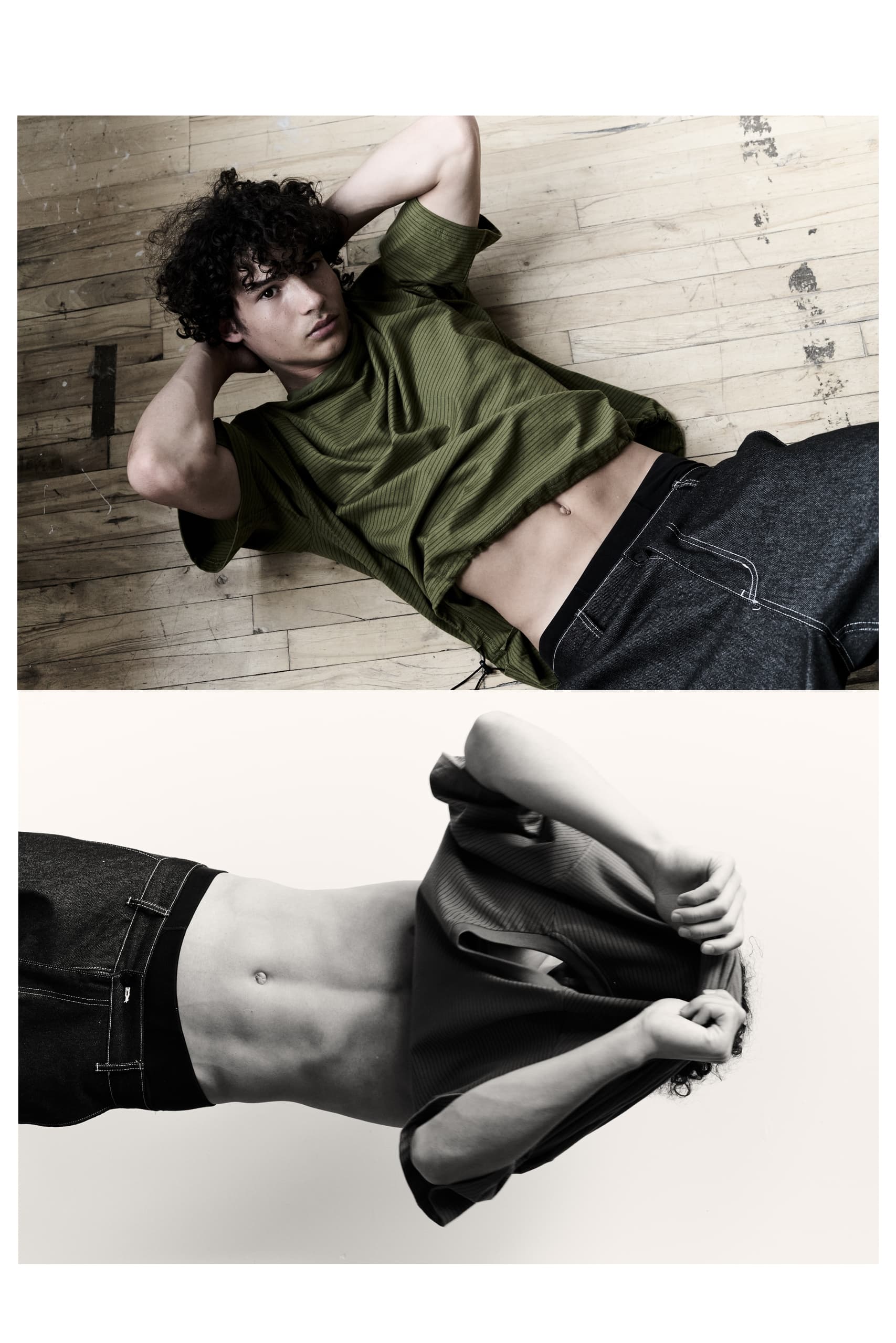 Man in green shirt exercising and lifting shirt, revealing toned abs.