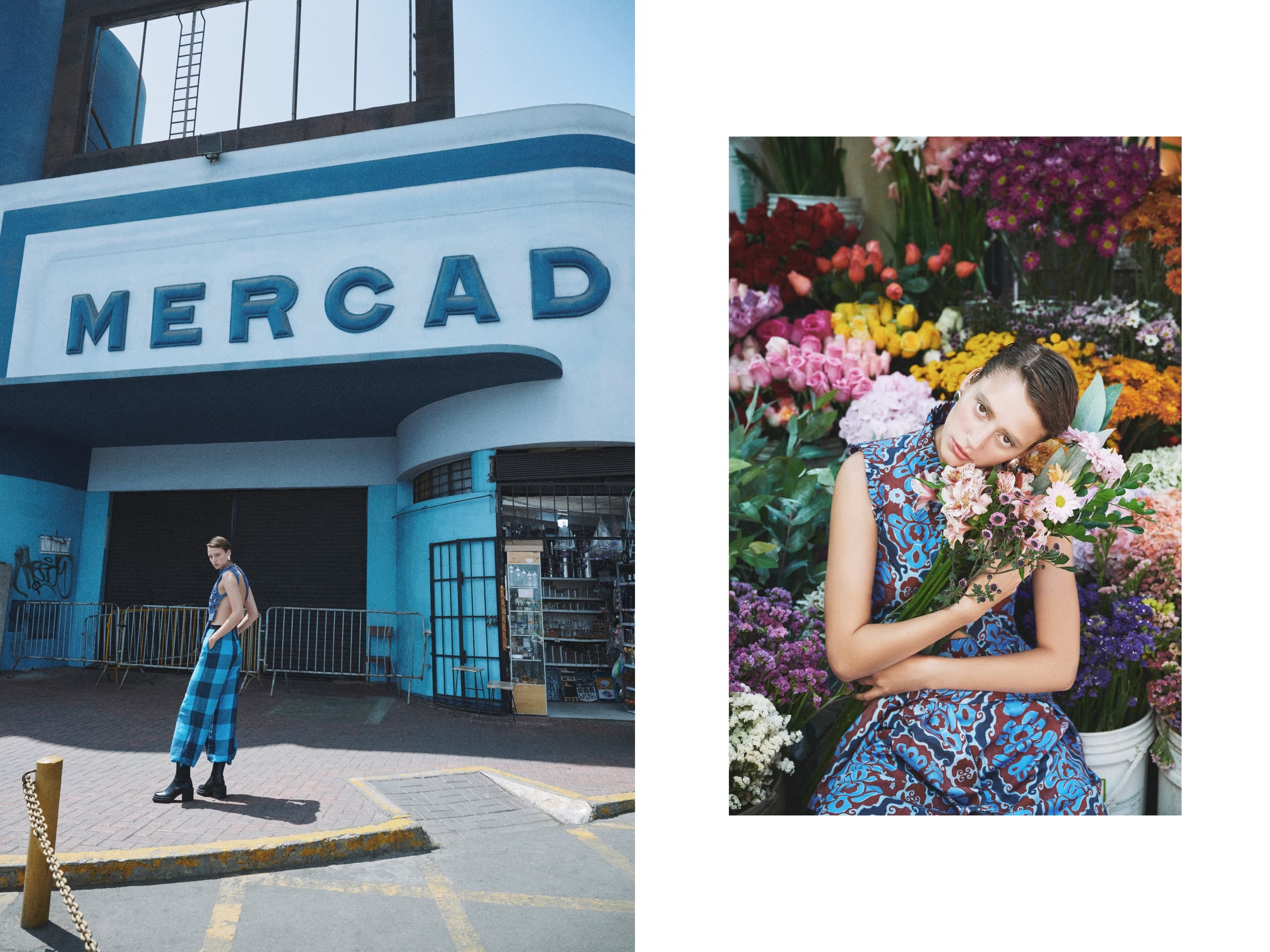 Fashionable woman in blue dress by market entrance and holding flowers.