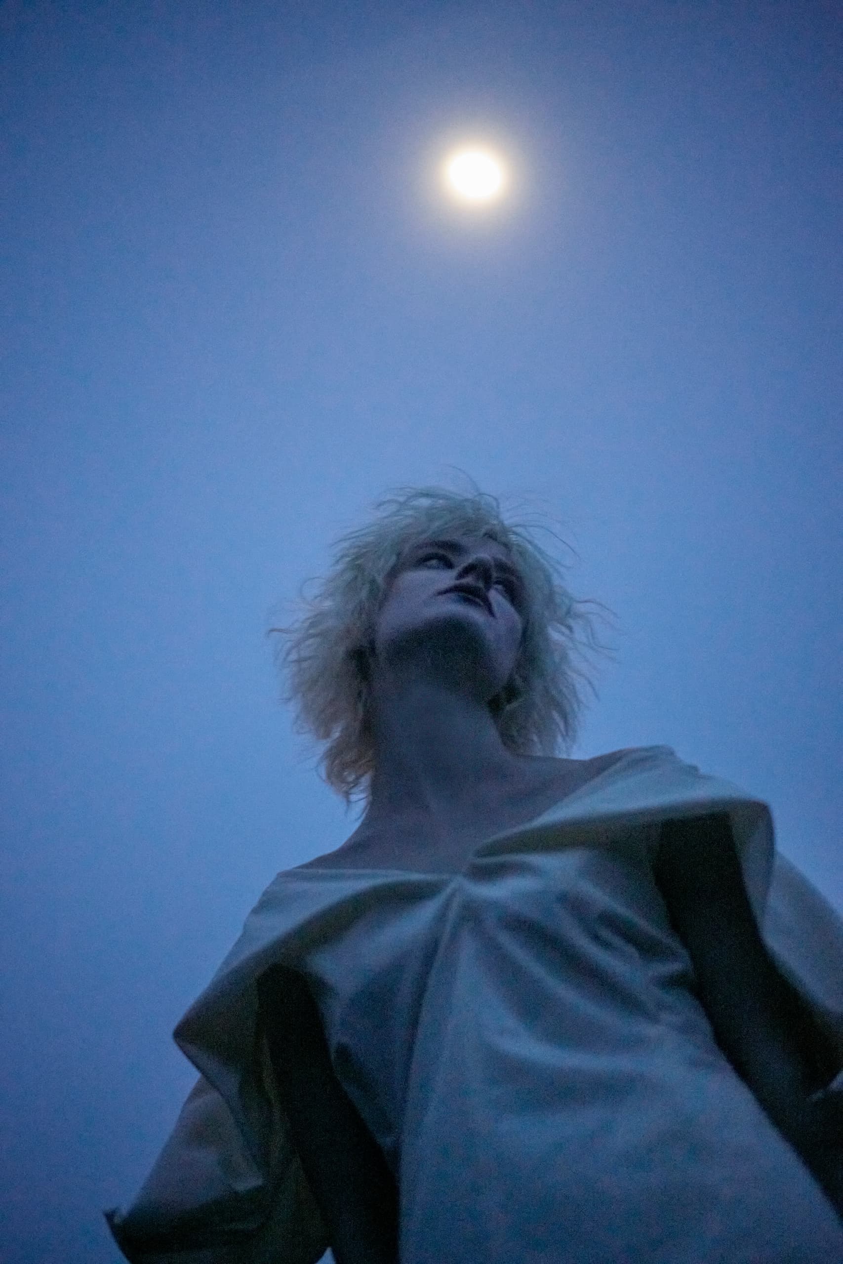 Person gazes at the moon in the twilight sky, creating an ethereal, mystical ambiance.