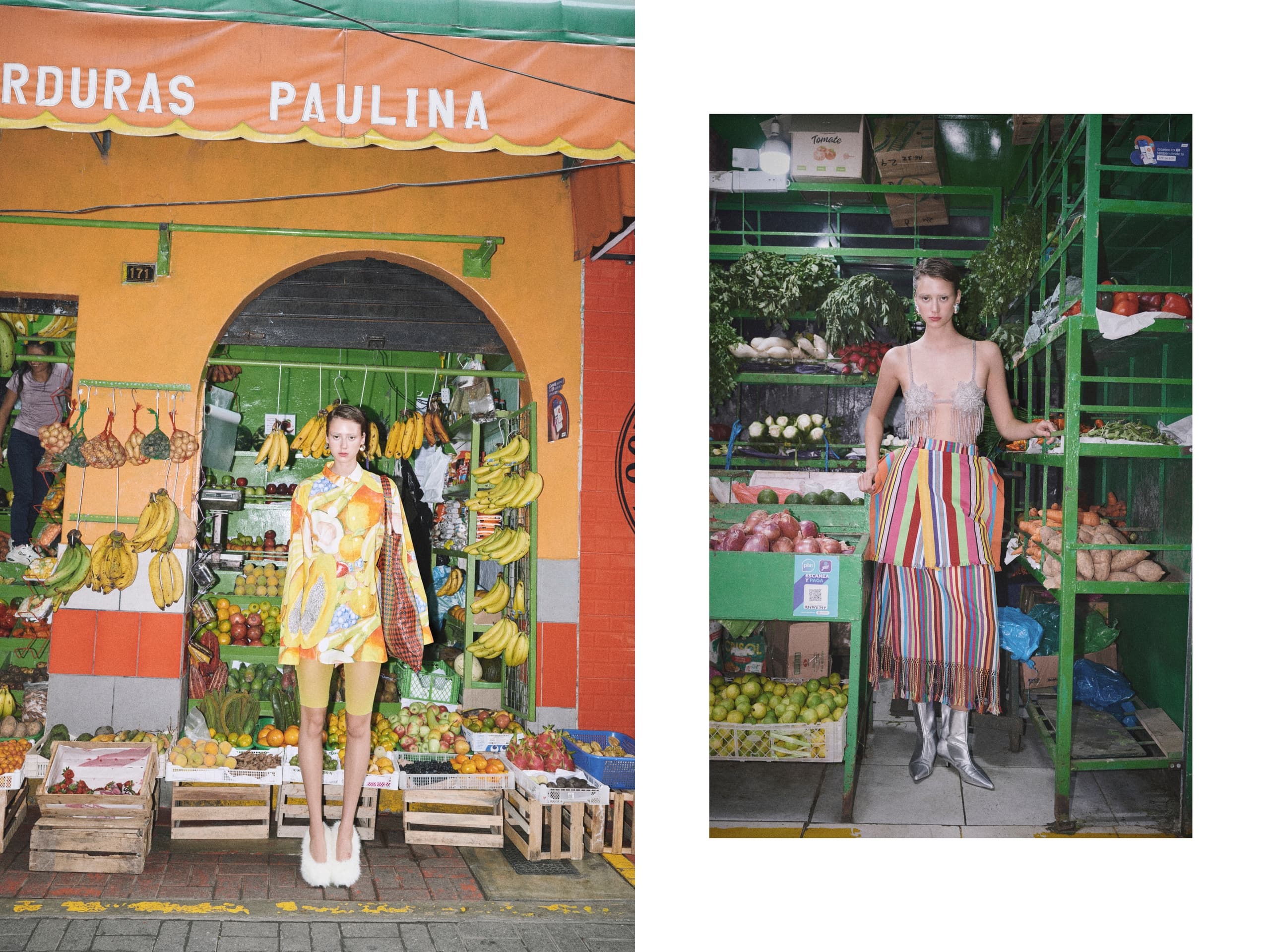 Fashionable models in vibrant outfits amidst a colorful fruit and vegetable market.