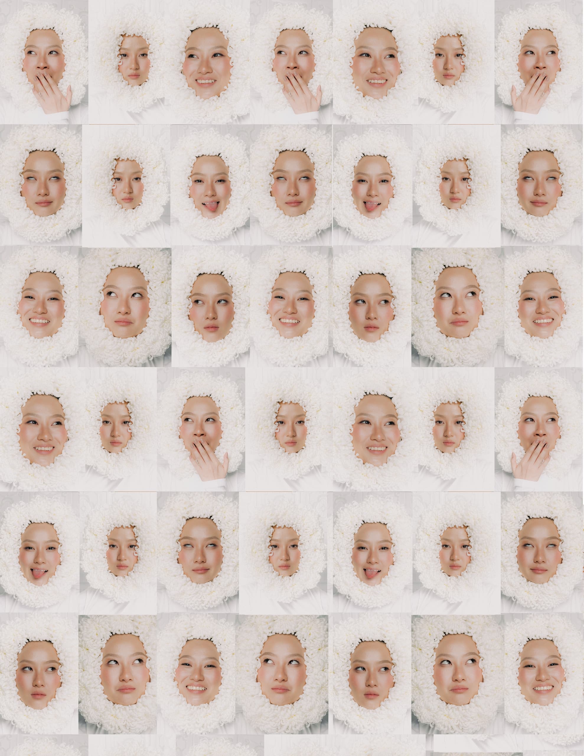 Collage of expressive faces framed by white fluffy circles with various playful emotions.