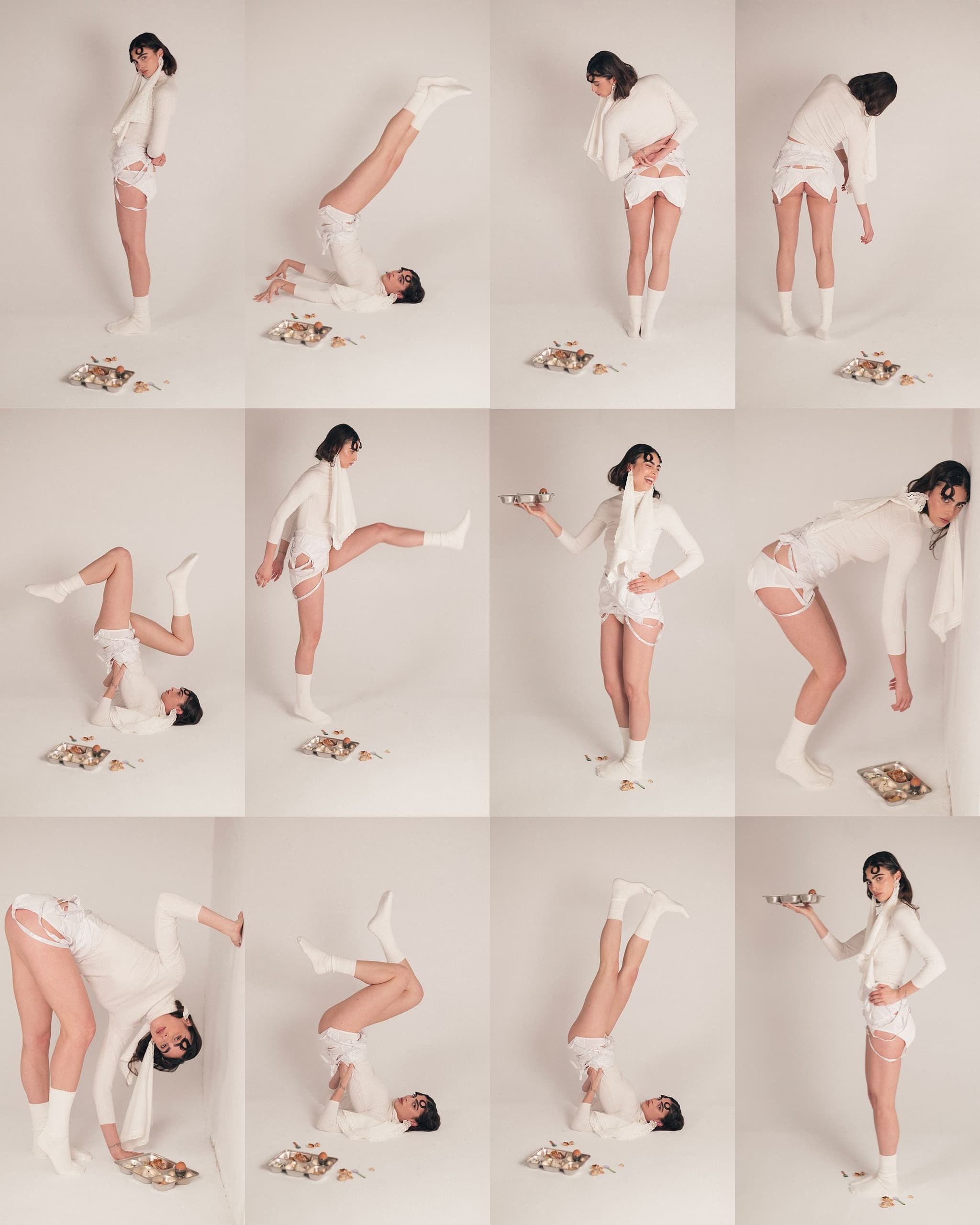 Person in white outfit strikes various playful poses with a tray of muffins.