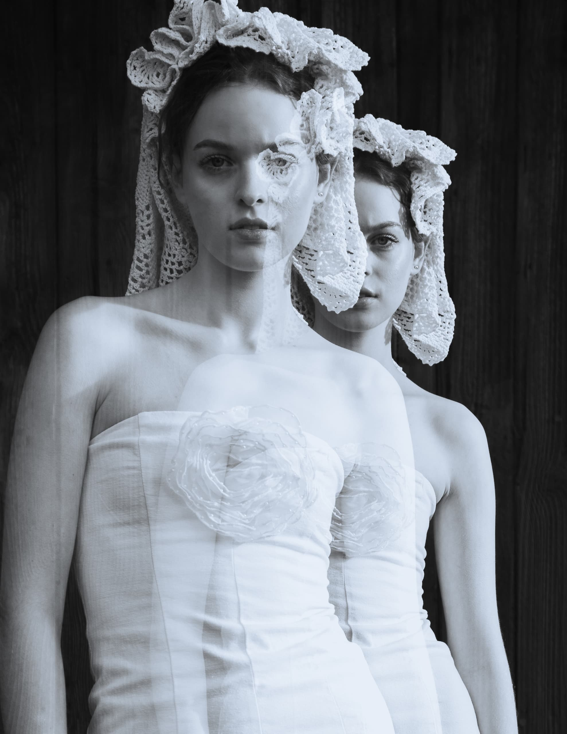 Double exposure of women in vintage lace headpieces and white dresses.