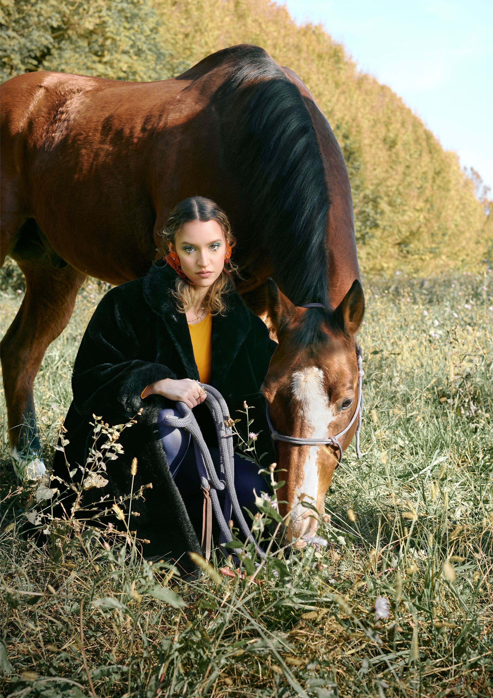 Woman kneeling beside a brown horse in a sunny meadow.