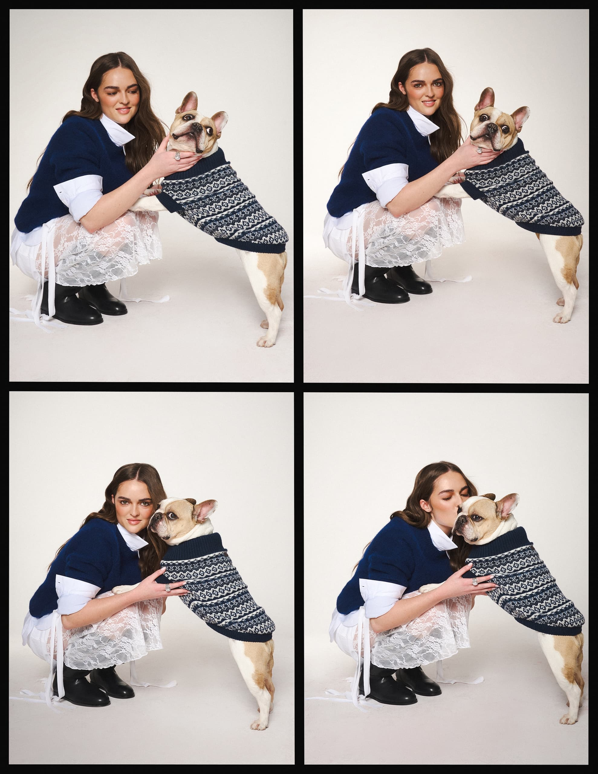 Woman in stylish outfit posing with a dog in a sweater, creating a cute and cozy scene.