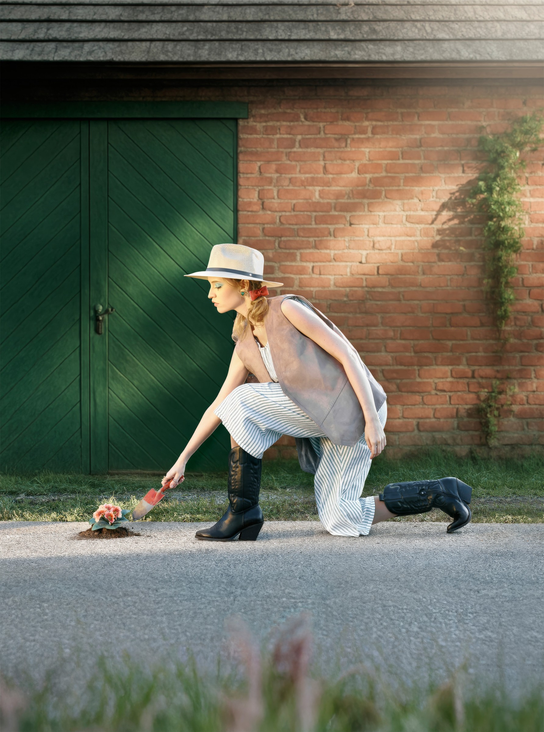 Woman planting flower in pavement by a brick building.
