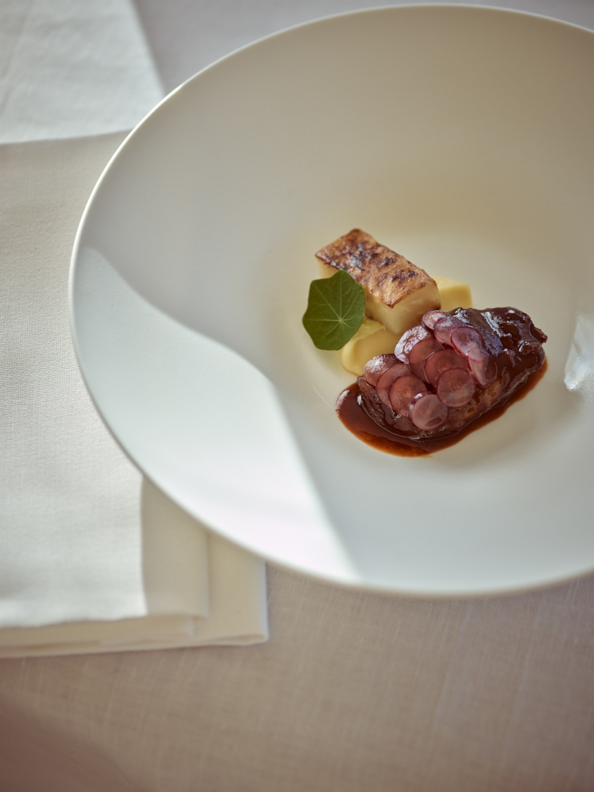 Gourmet dish with grilled fish and sliced sausage on an elegant white plate.