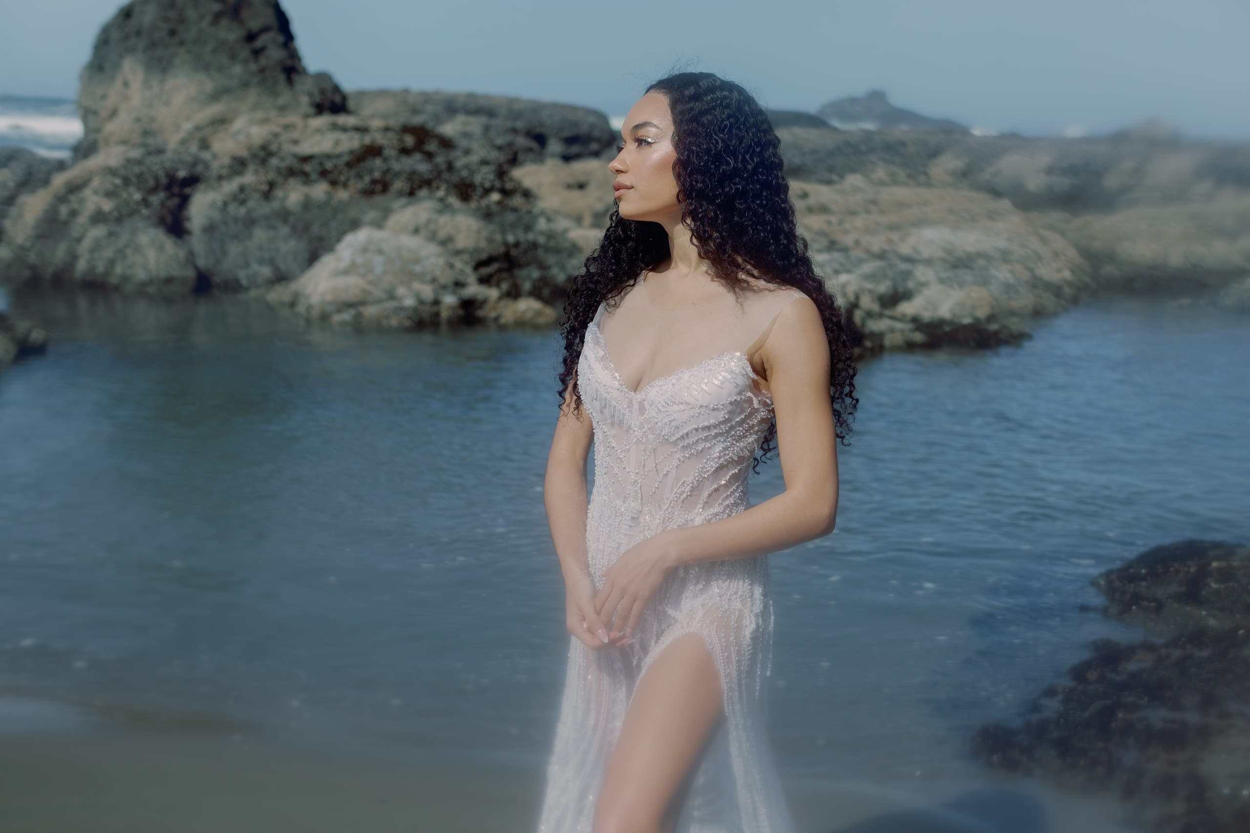 Woman in elegant dress standing by rocky seaside.