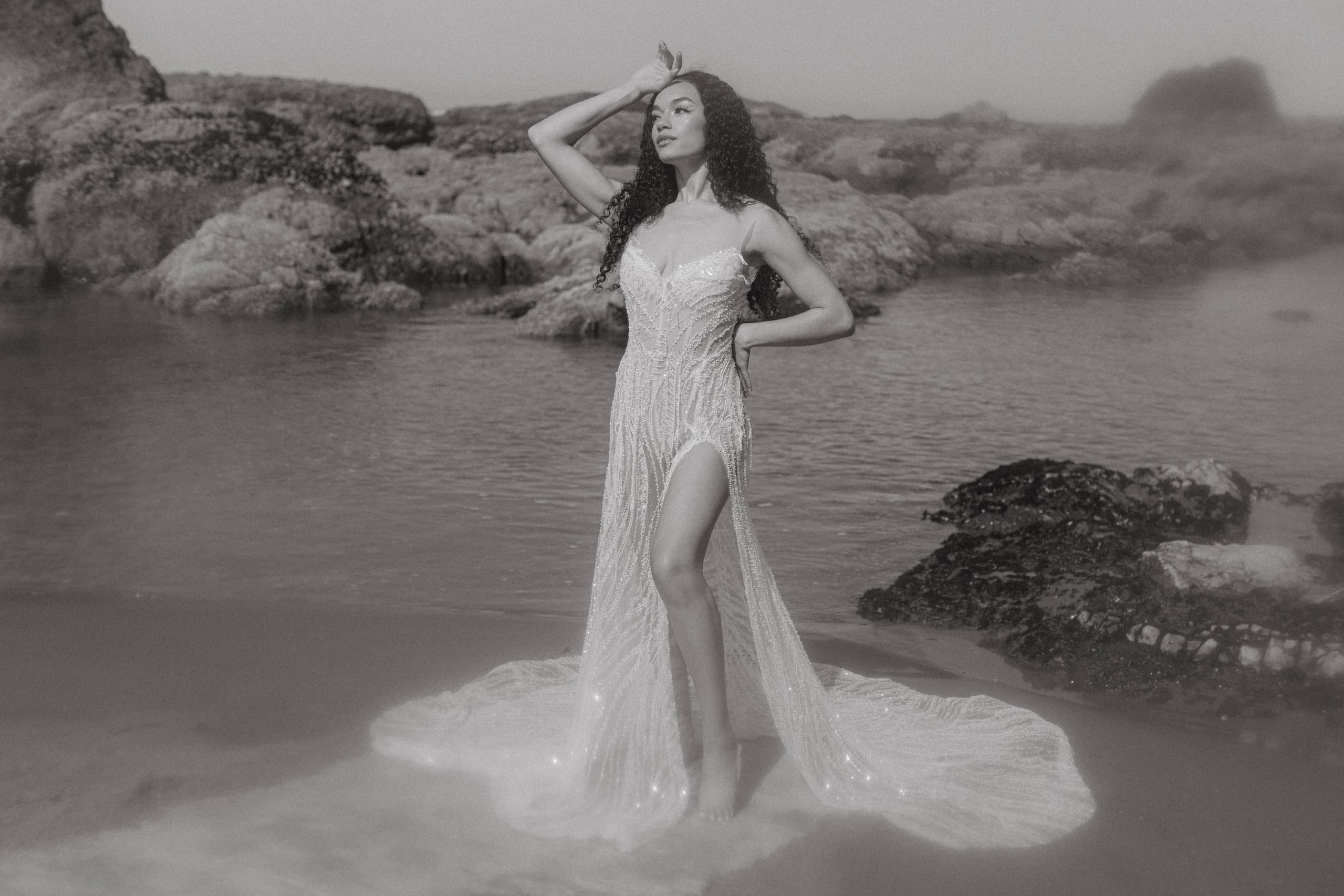 Elegant woman in gown poses by rocky shoreline in monochrome scenery.
