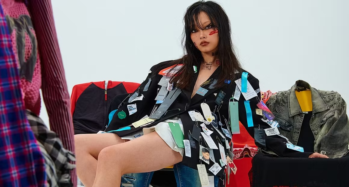 Model in edgy fashion with vibrant clothing tags, seated in a stylish arrangement.