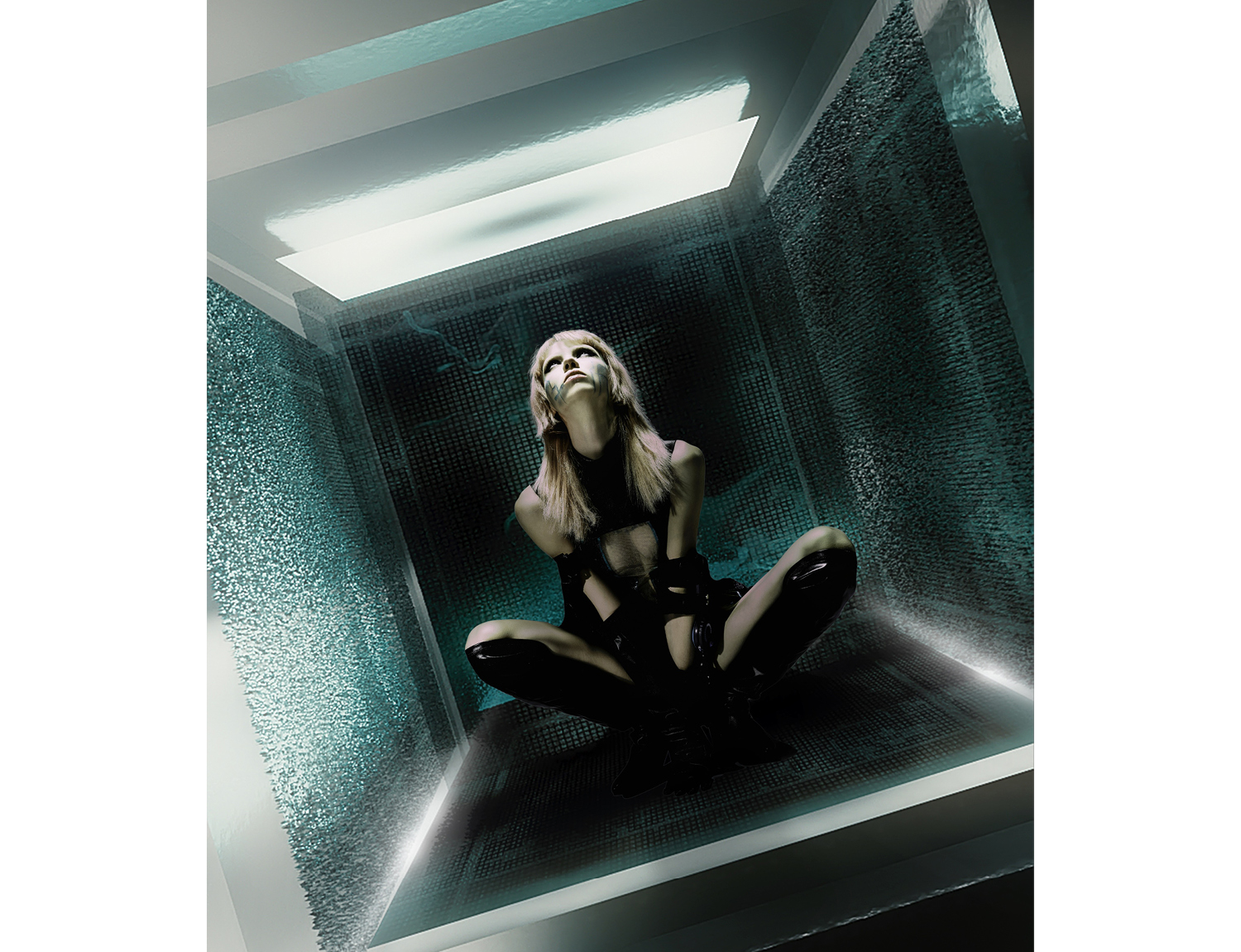 Person crouching in futuristic, illuminated space with textured walls.