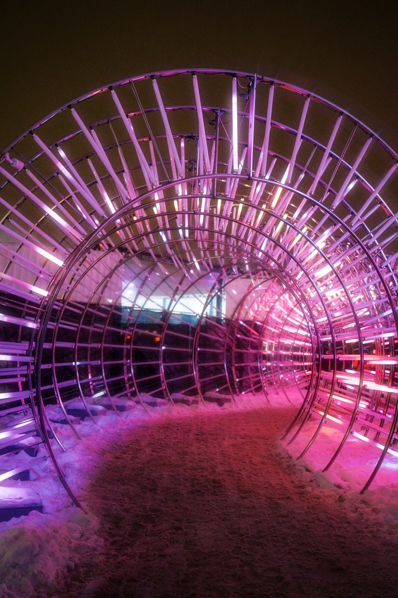 Colorful illuminated tunnel with purple and pink lights on a snowy path.