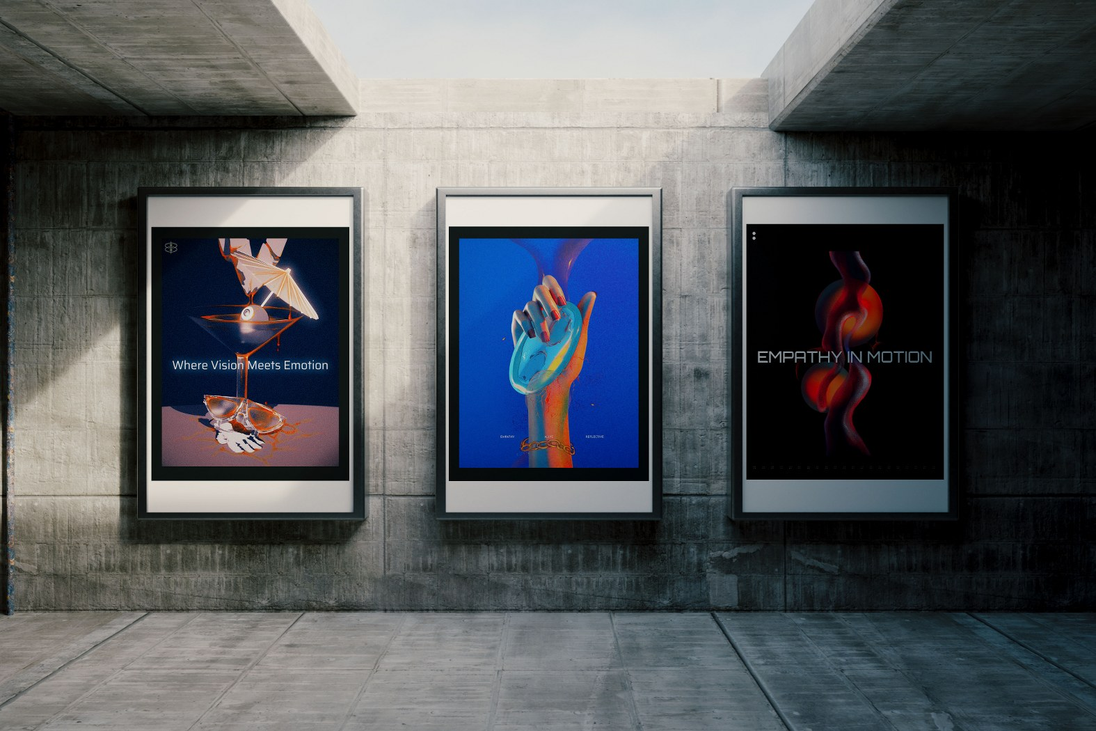 Artistic posters on an industrial wall exhibit creative visual concepts.