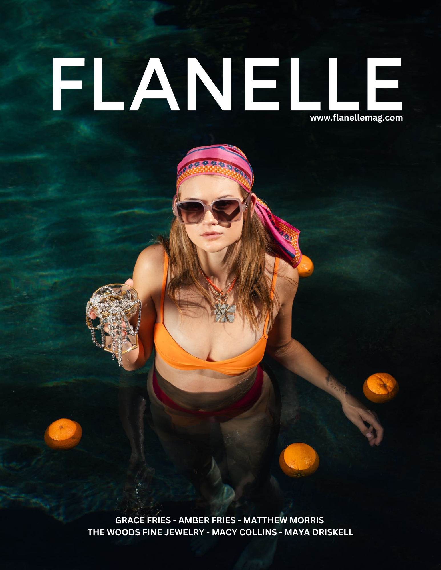 Woman in pool with headscarf, sunglasses, and jewelry. Flanelle magazine cover.