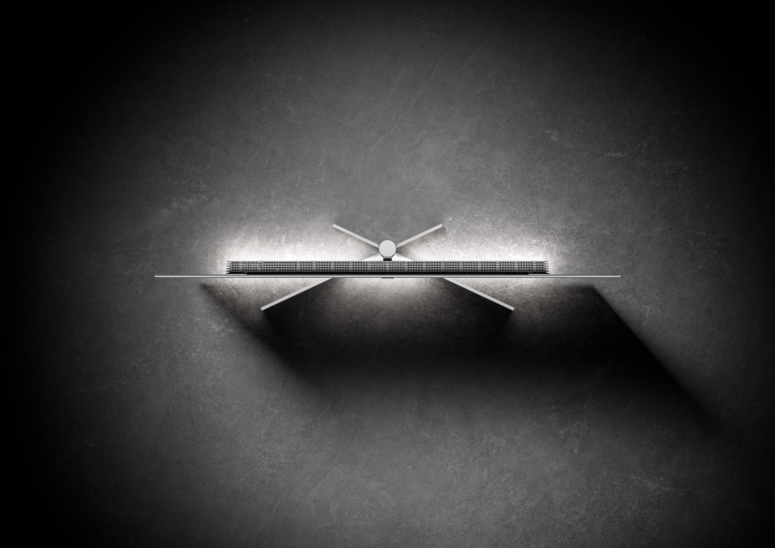 Minimalist clock design casting artistic shadows on a concrete wall.