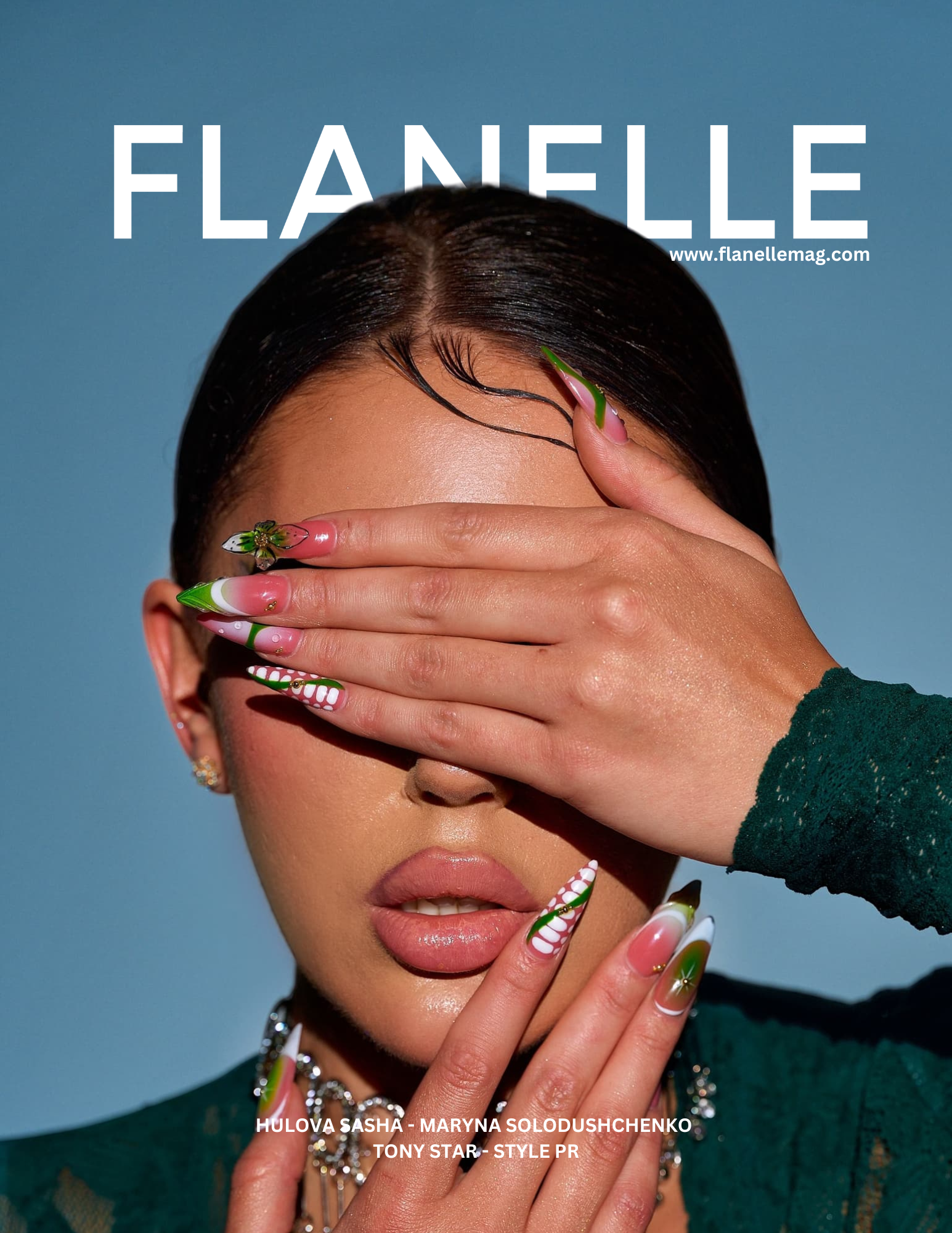 Fashion model with artistic nails on Flanelle Magazine cover.