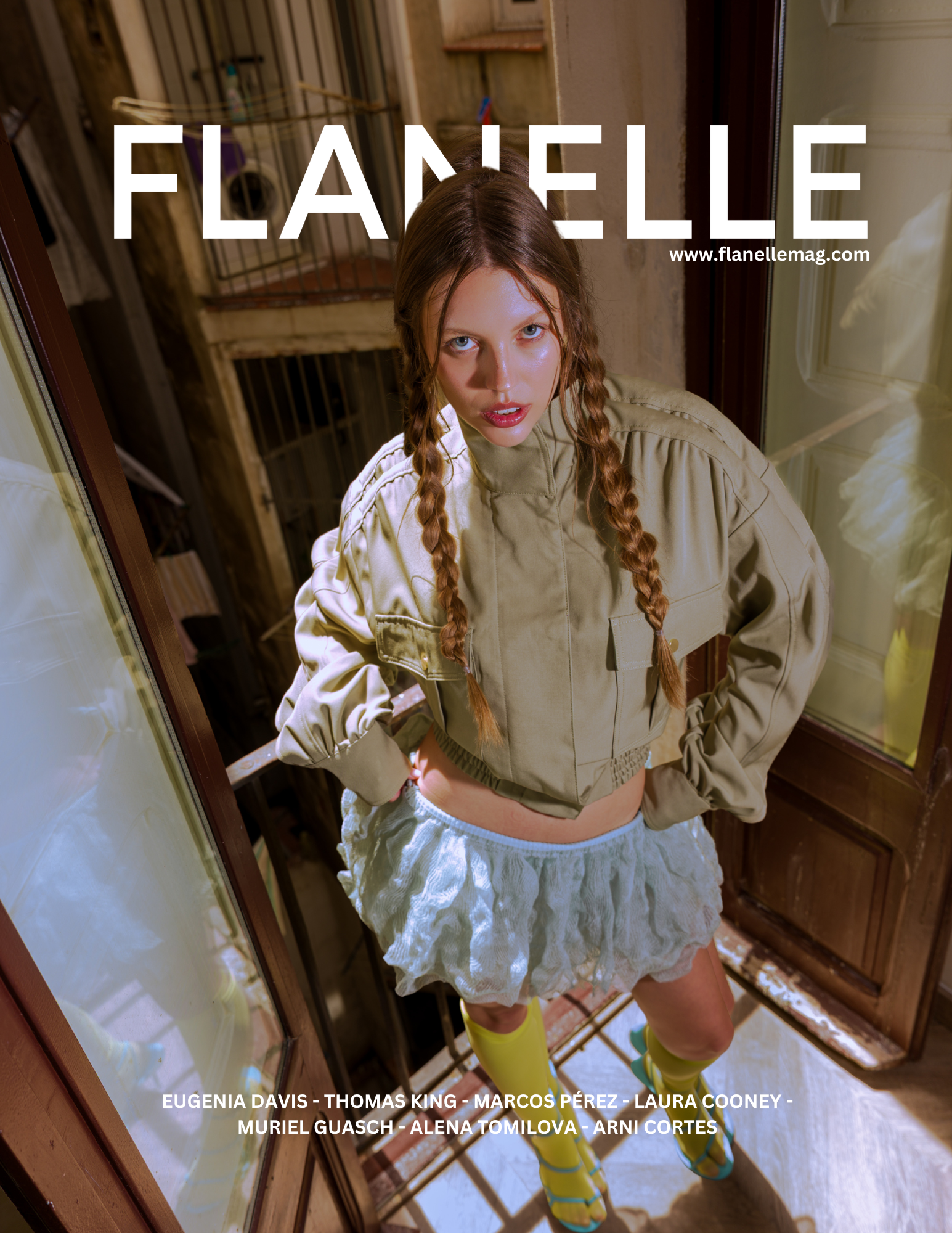 Fashion magazine cover featuring a stylish model in a unique outfit.