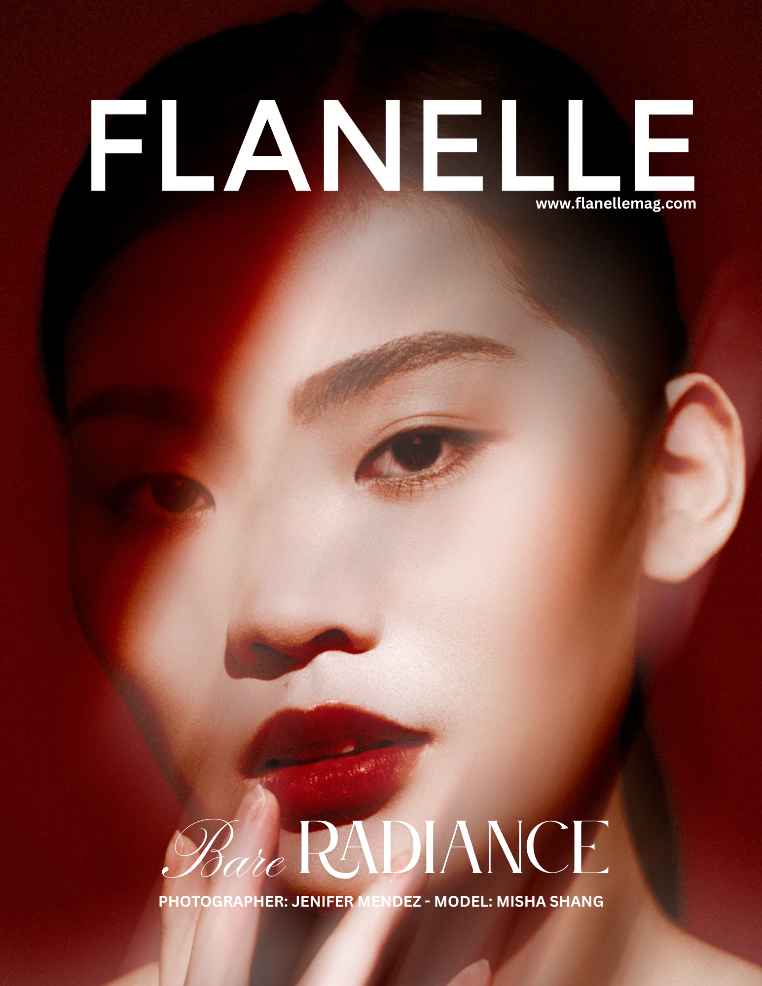 Flanelle Magazine cover featuring a model with red lipstick and artistic lighting.