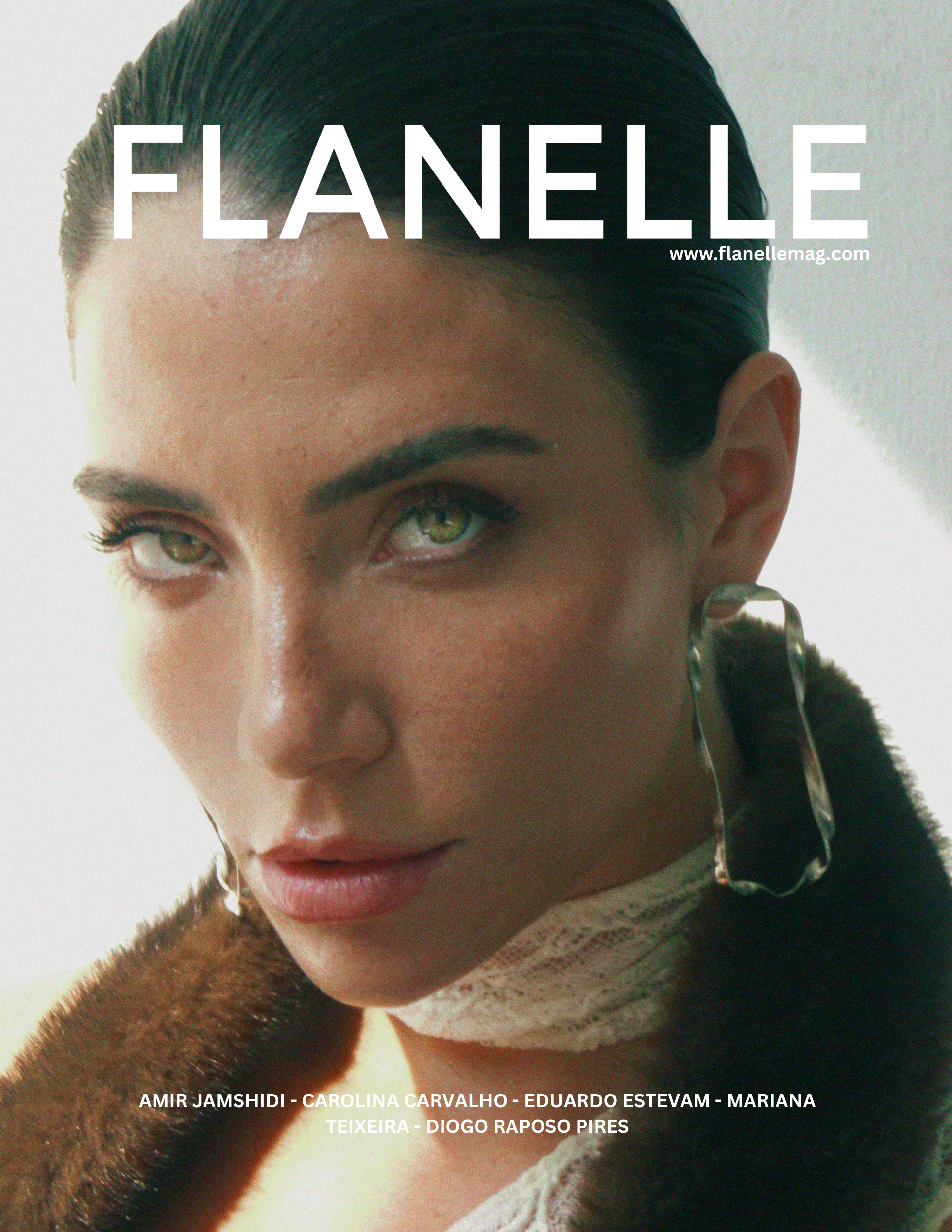 Flanelle magazine cover featuring a model in elegant fashion and statement earrings.